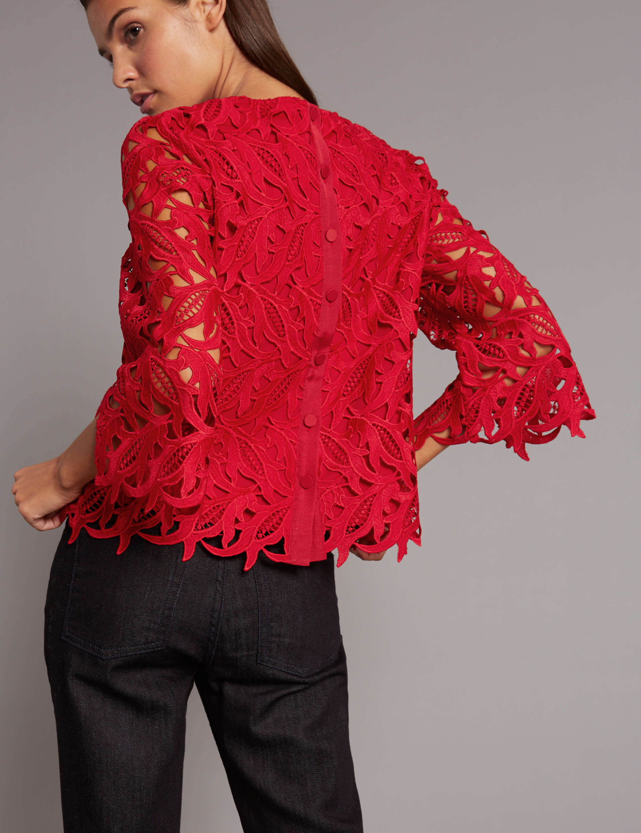 Lace Round Neck 3/4 Sleeve Shell Top 1 of 5
