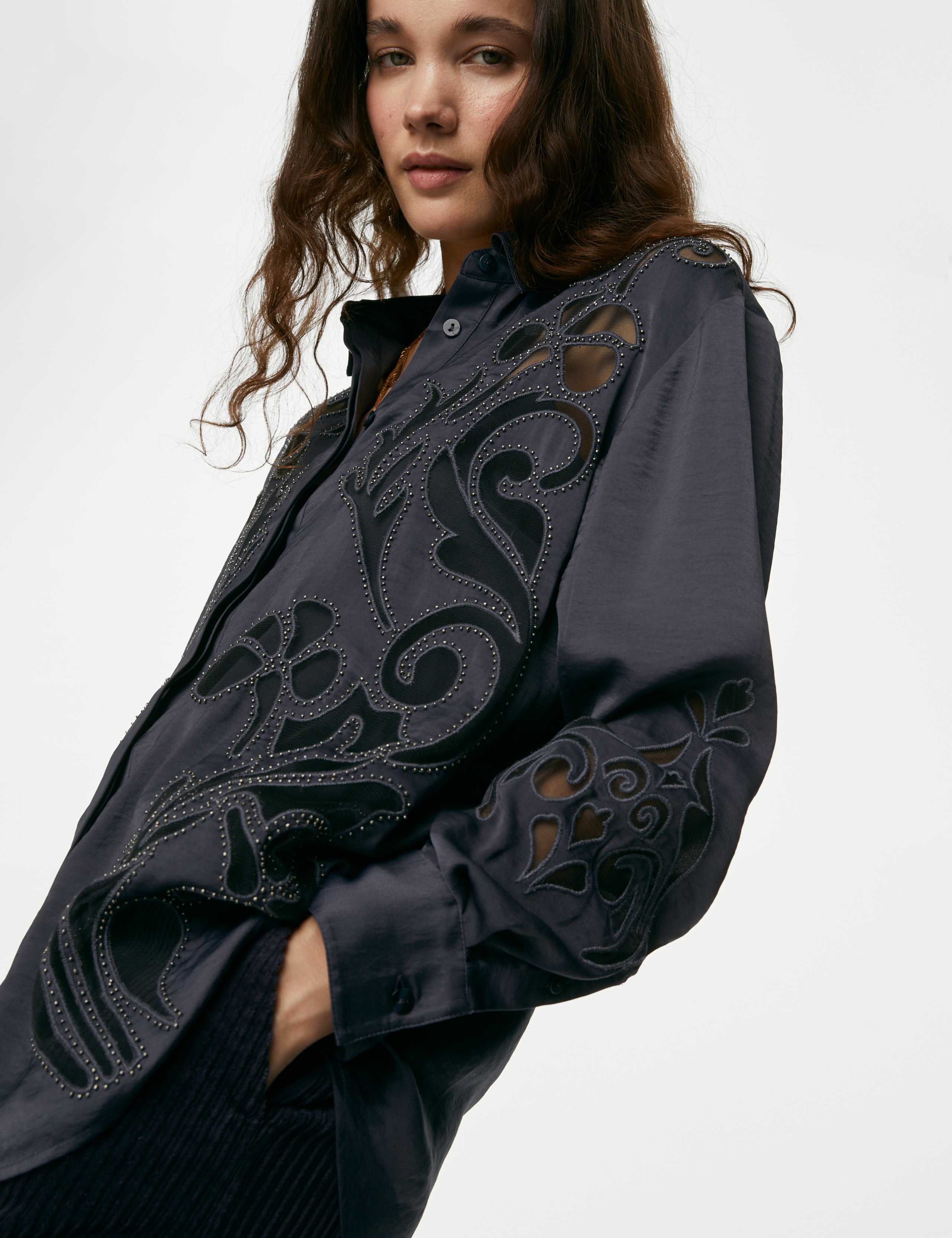 Satin Beaded Collared Cutwork Detail Shirt 1 of 6