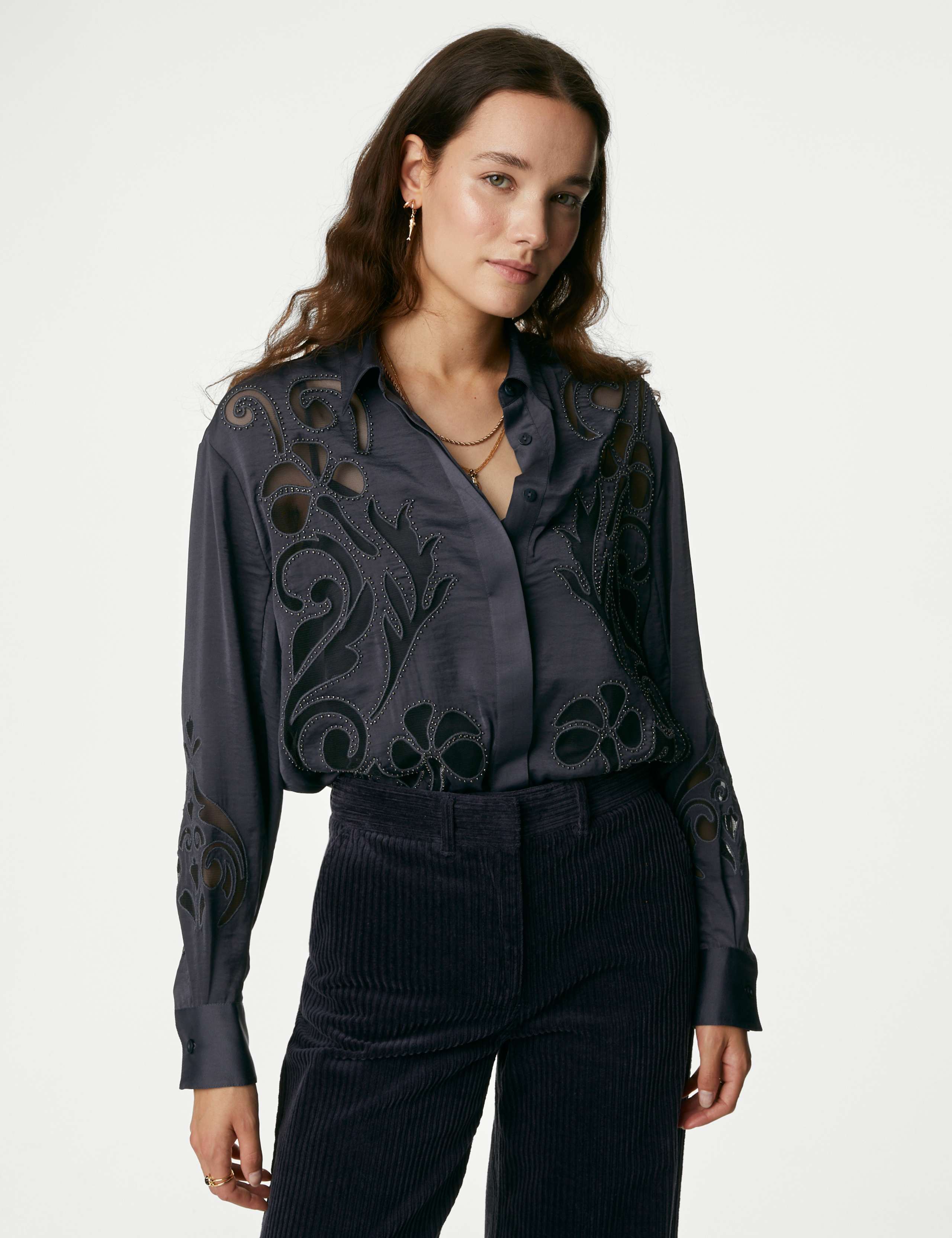 Satin Beaded Collared Cutwork Detail Shirt 4 of 6