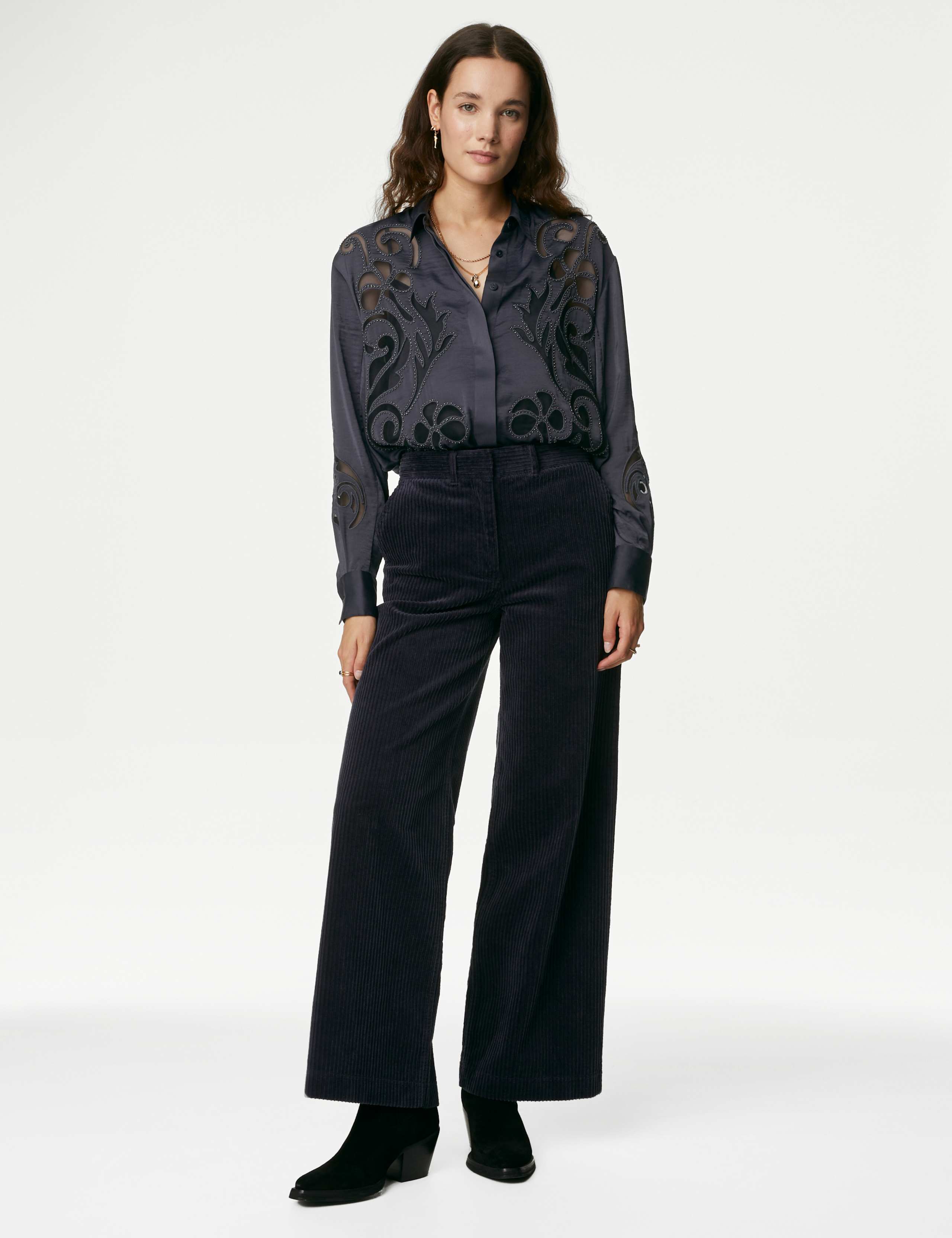 Satin Beaded Collared Cutwork Detail Shirt 6 of 6