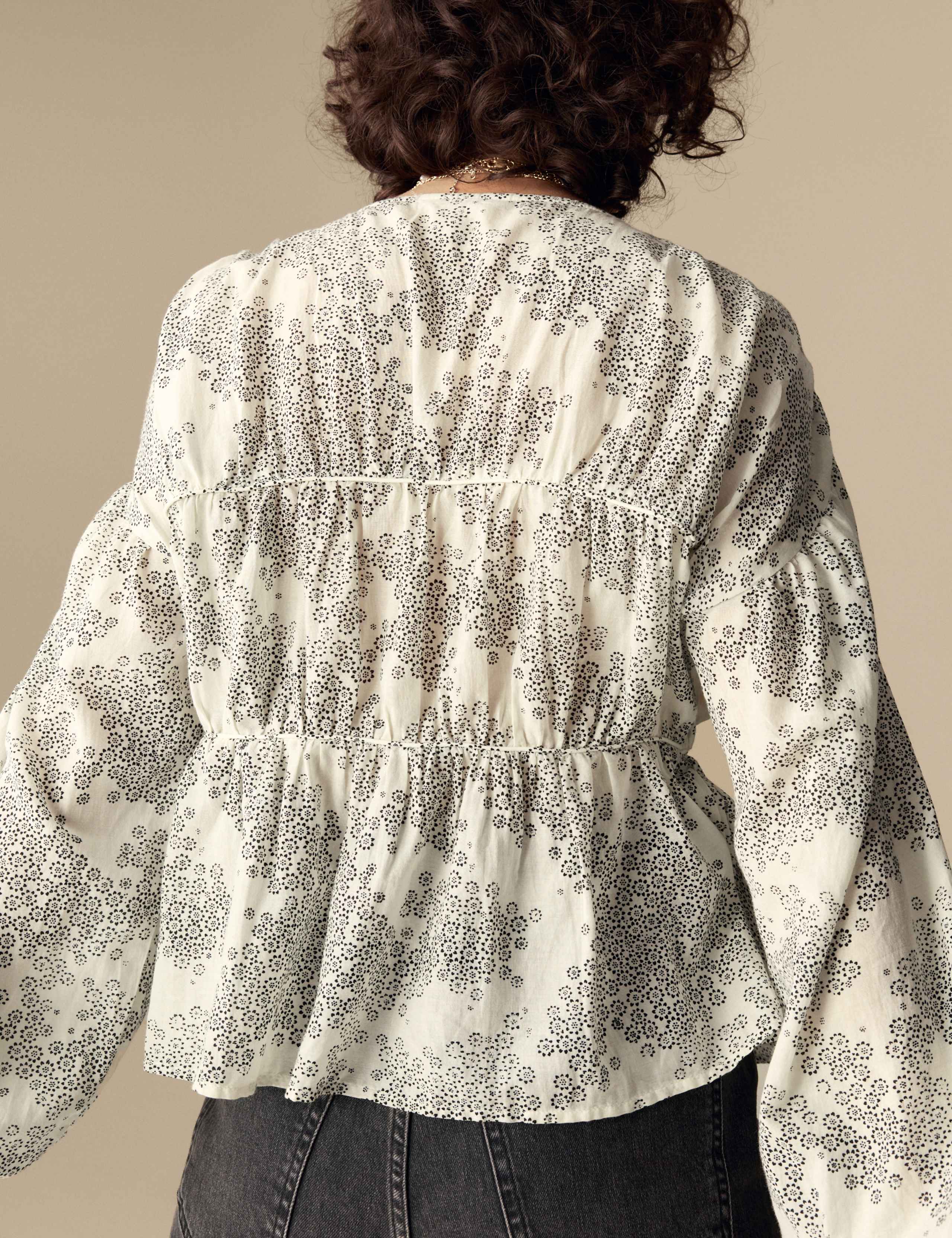 Cotton Rich Printed V-Neck Seam Detail Blouse 3 of 4