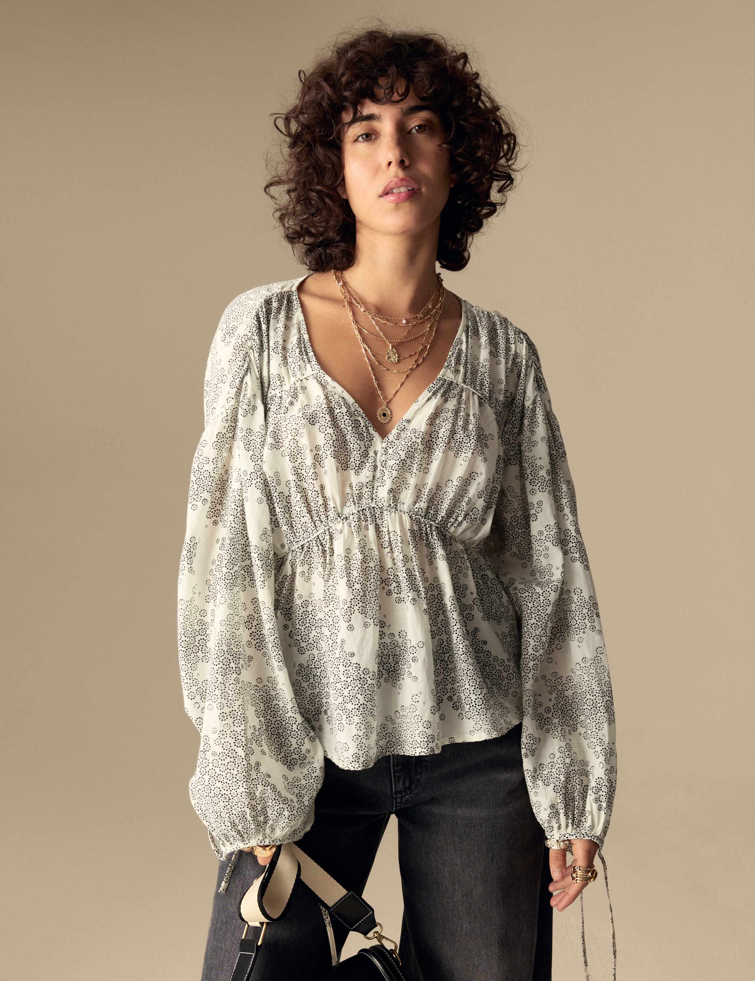 Cotton Rich Printed V-Neck Seam Detail Blouse 4 of 4