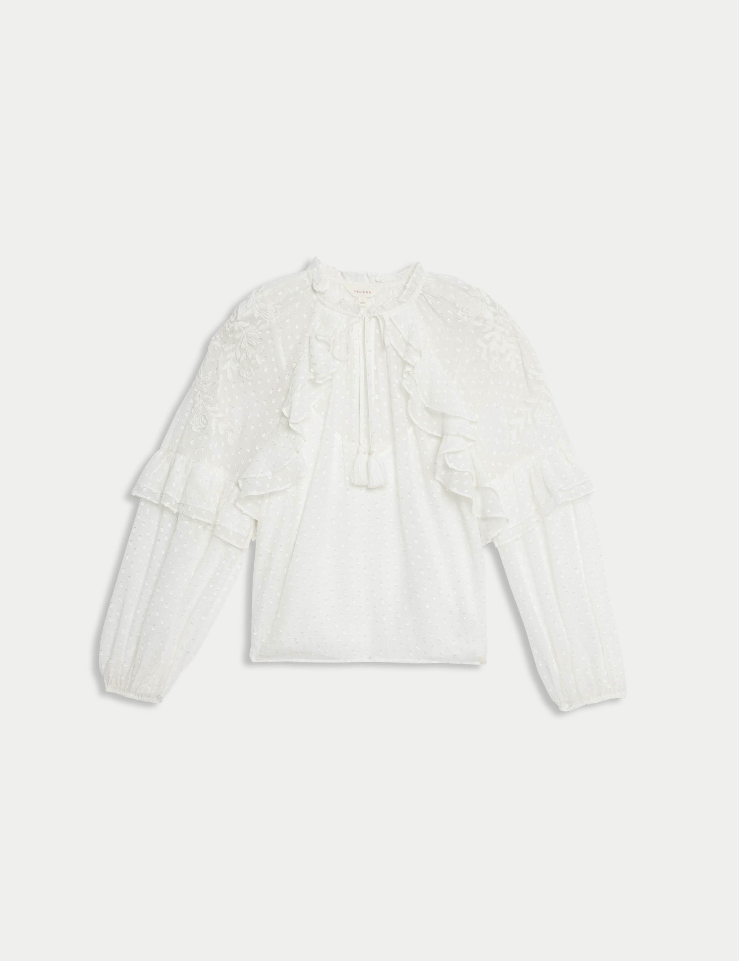 Textured Tie Neck Ruffle Puff Sleeve Blouse 2 of 6