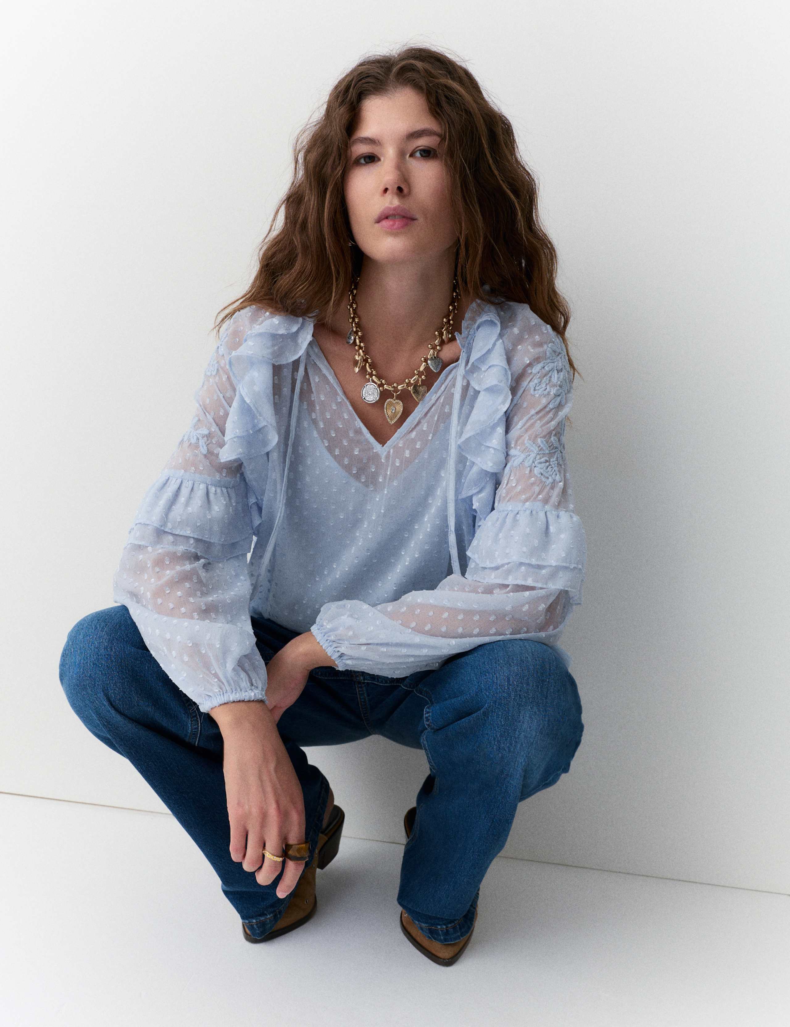 Textured Tie Neck Ruffle Puff Sleeve Blouse 4 of 6