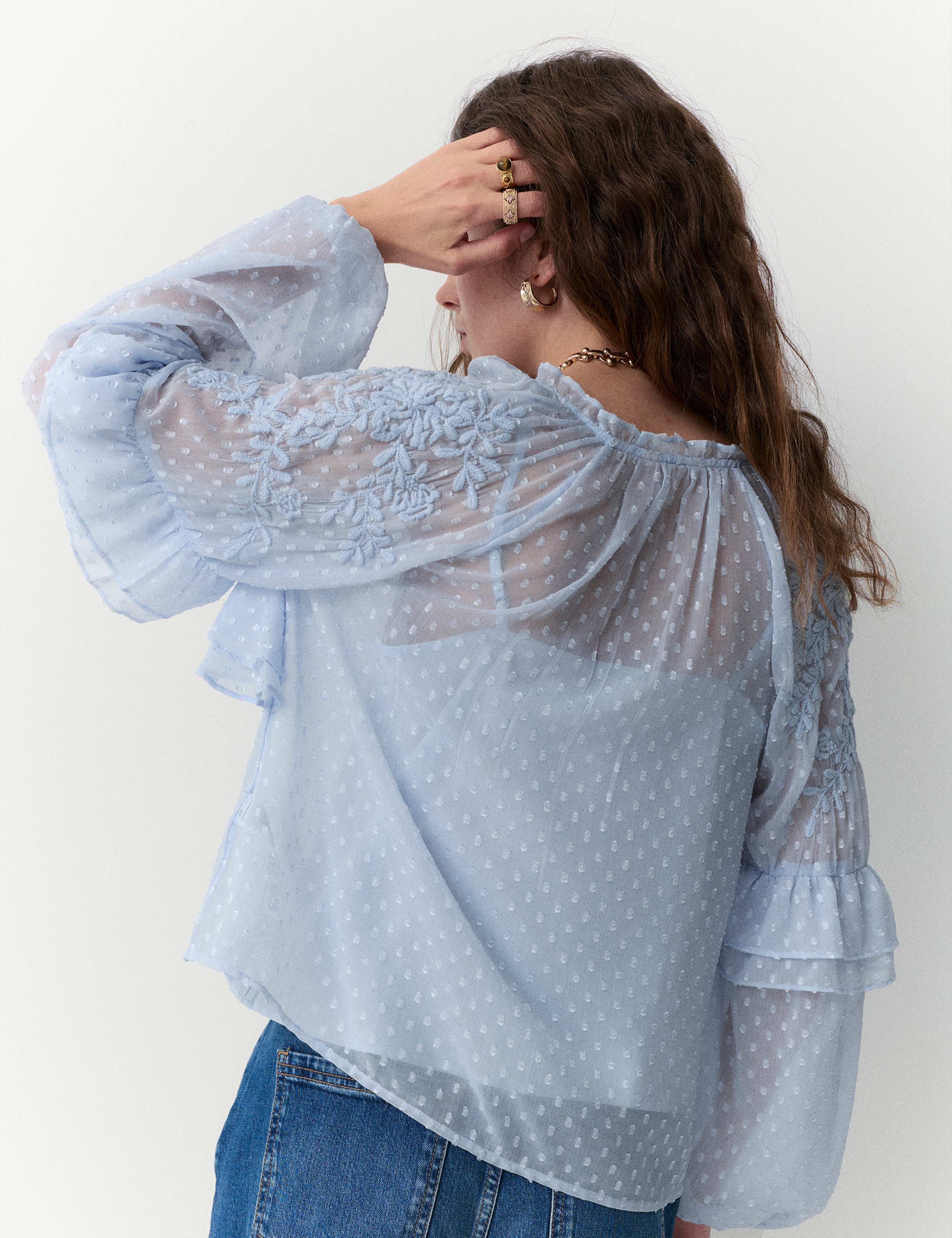 Textured Tie Neck Ruffle Puff Sleeve Blouse 6 of 6