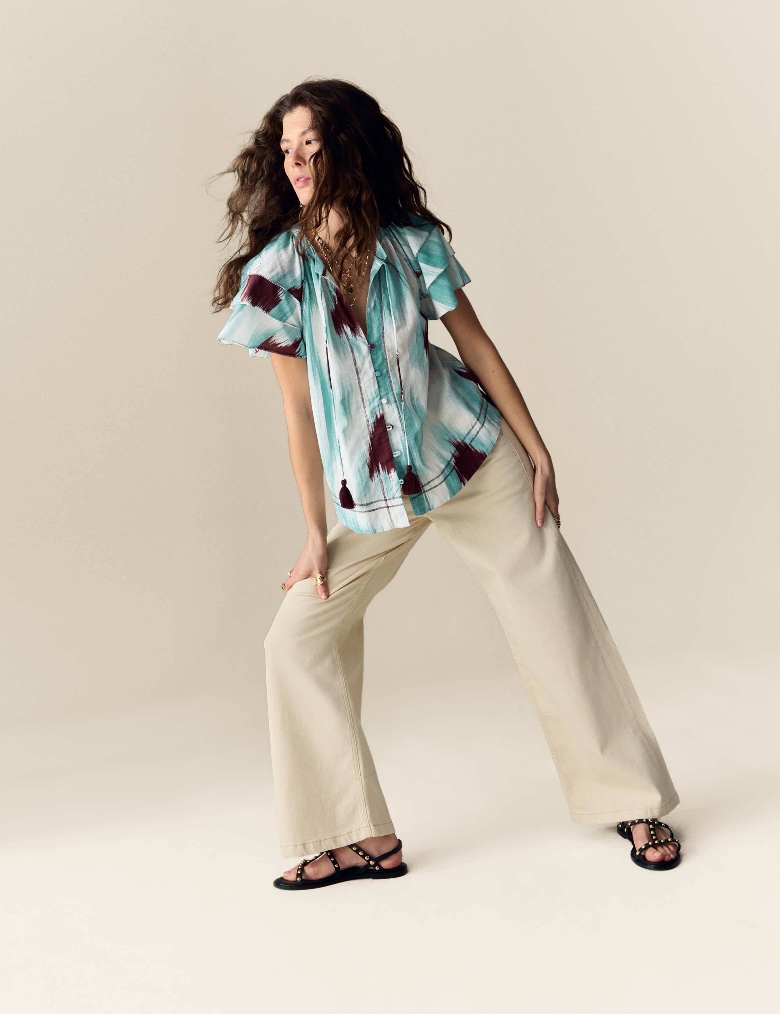 Cotton Rich Printed Tie Neck Frill Detail Top 3 of 5