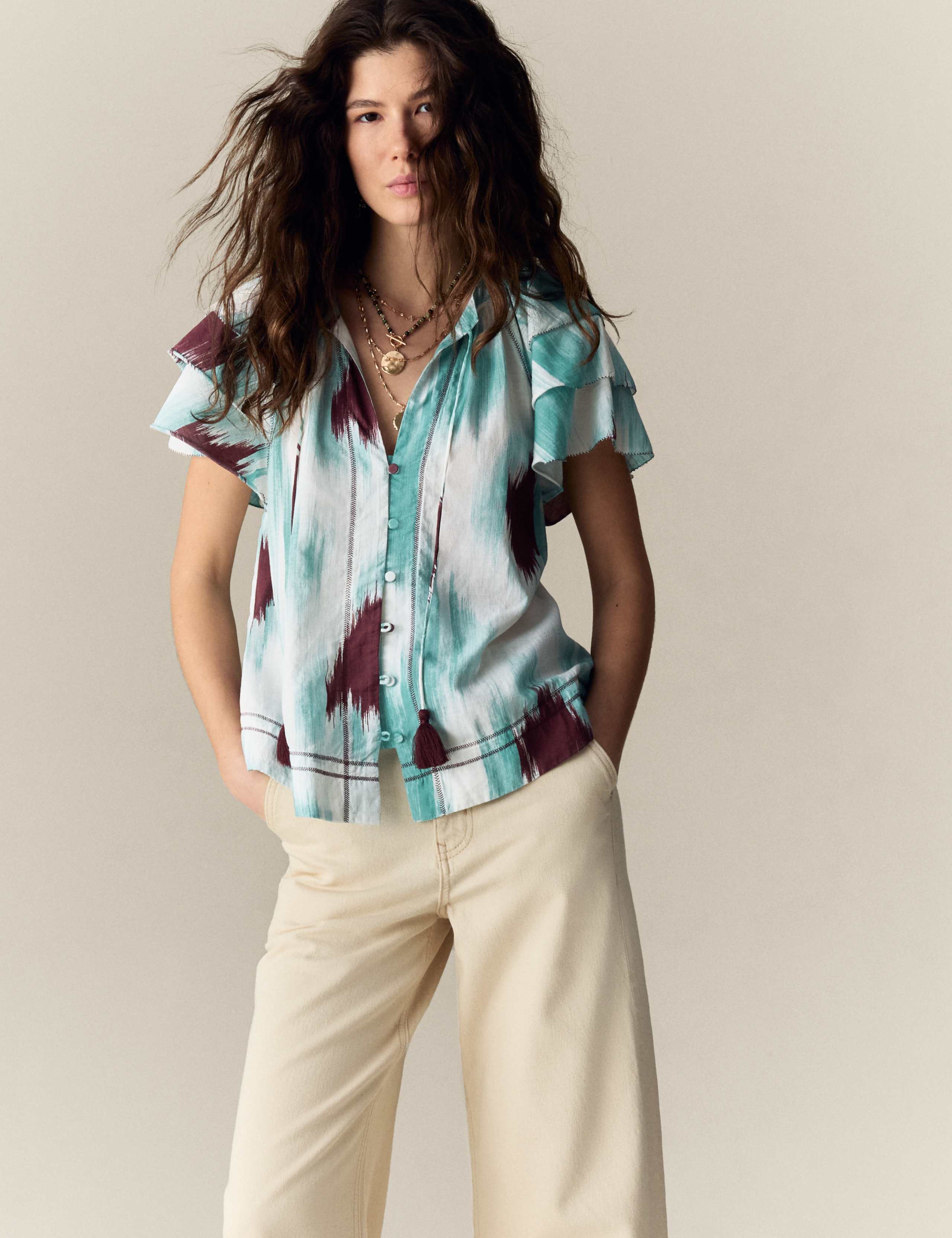 Cotton Rich Printed Tie Neck Frill Detail Top 5 of 5