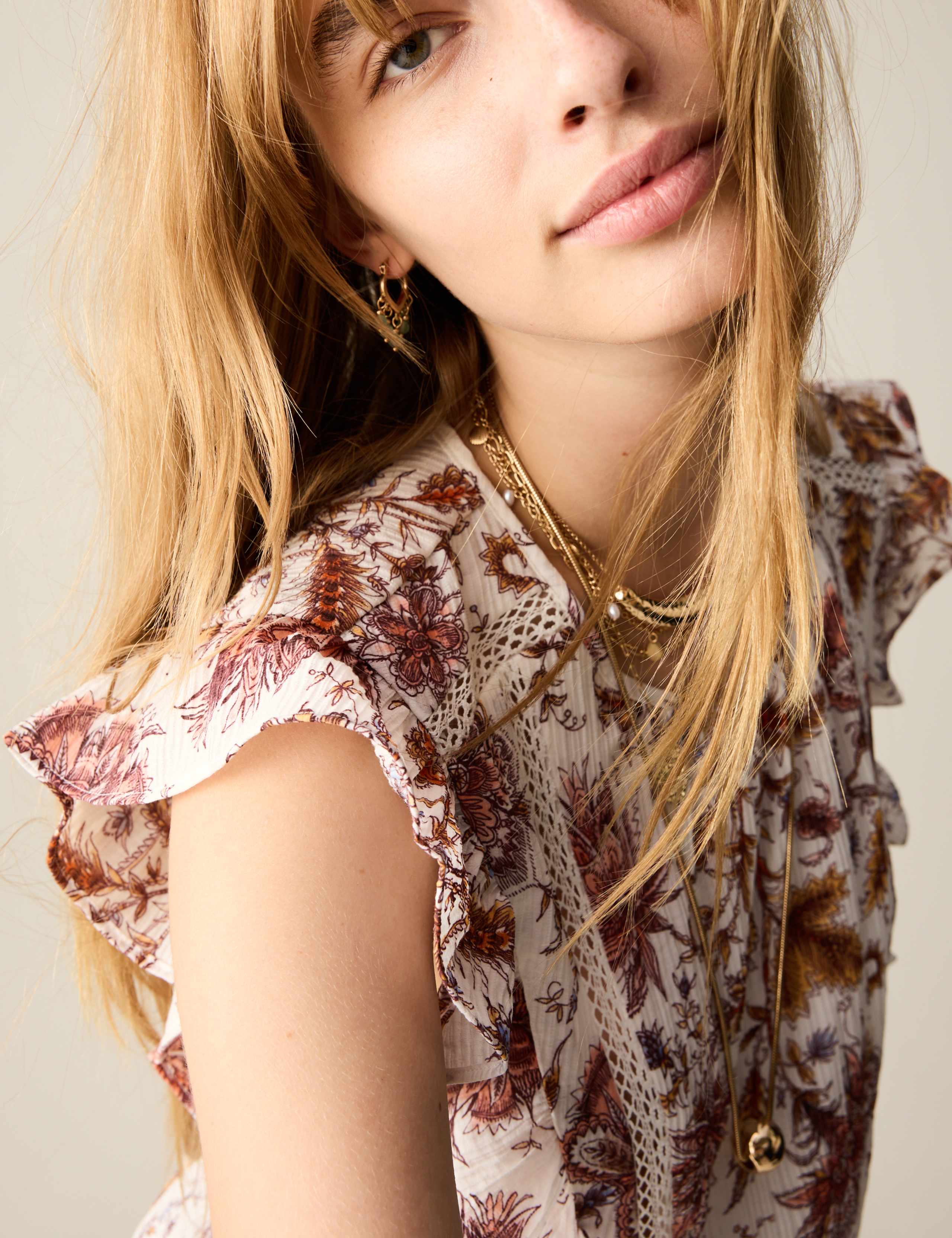 Printed Lace Insert Ruffle Top 5 of 5