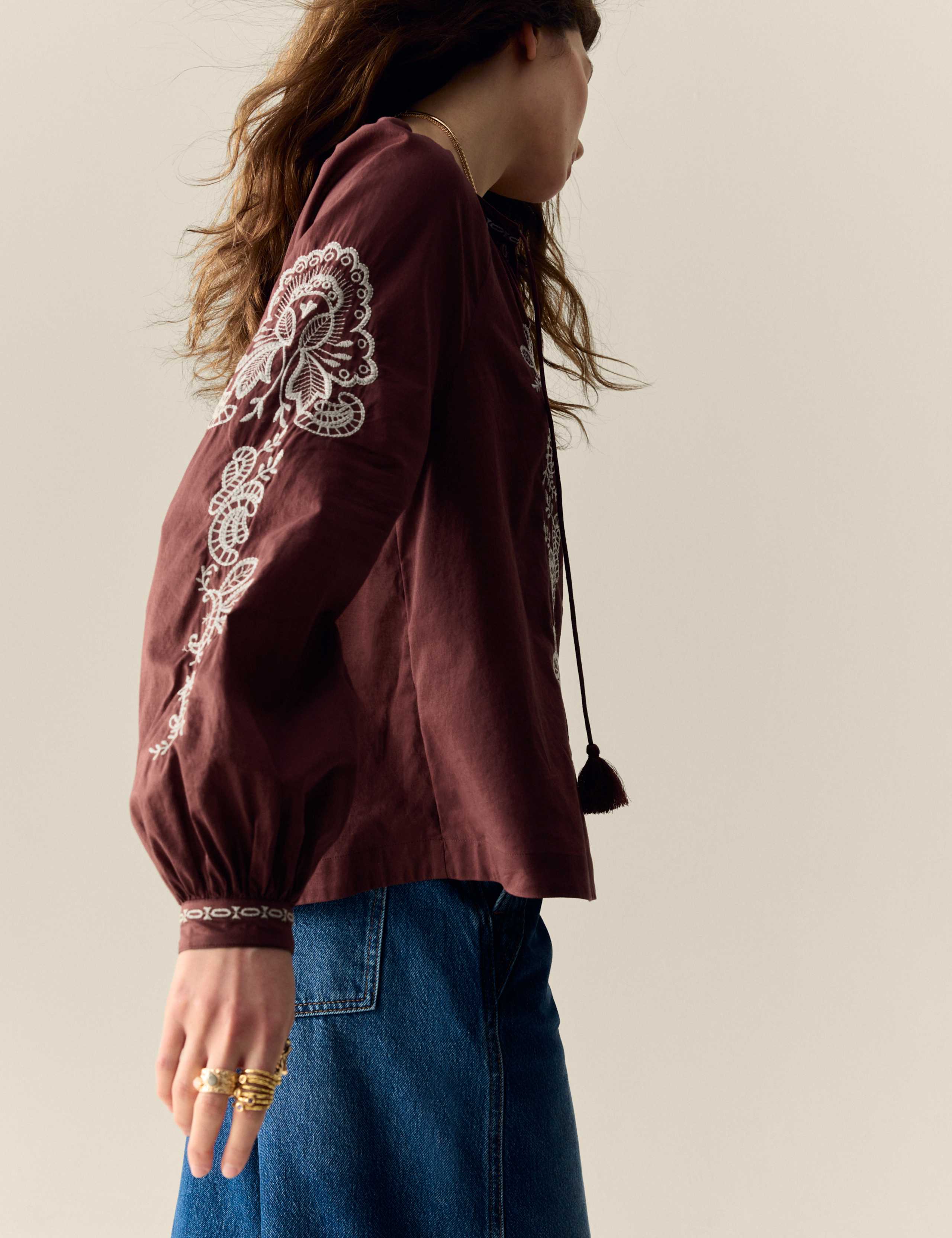 Pure Cotton Embroidered Tie Neck Oversized Blouse 3 of 6