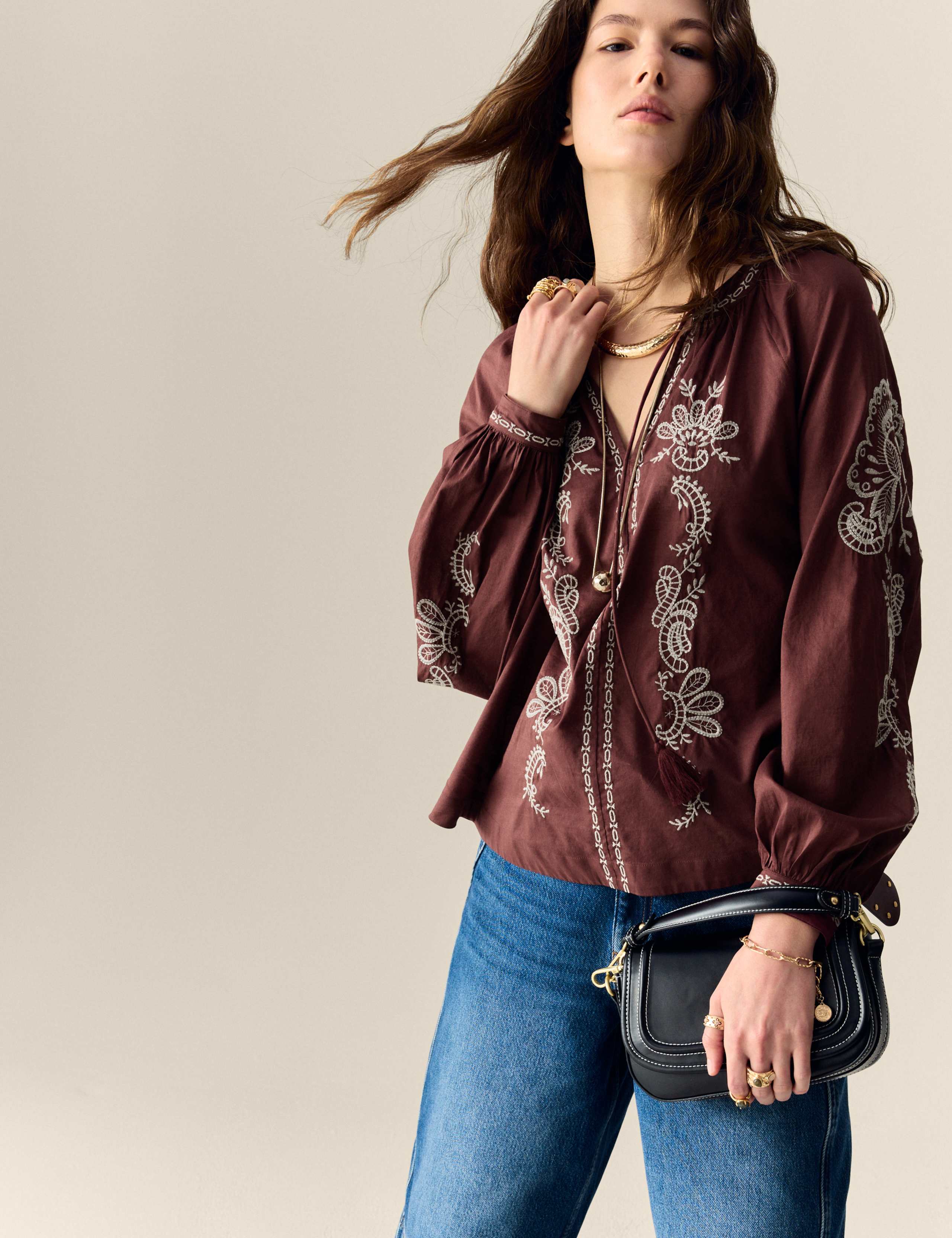 Pure Cotton Embroidered Tie Neck Oversized Blouse 4 of 6