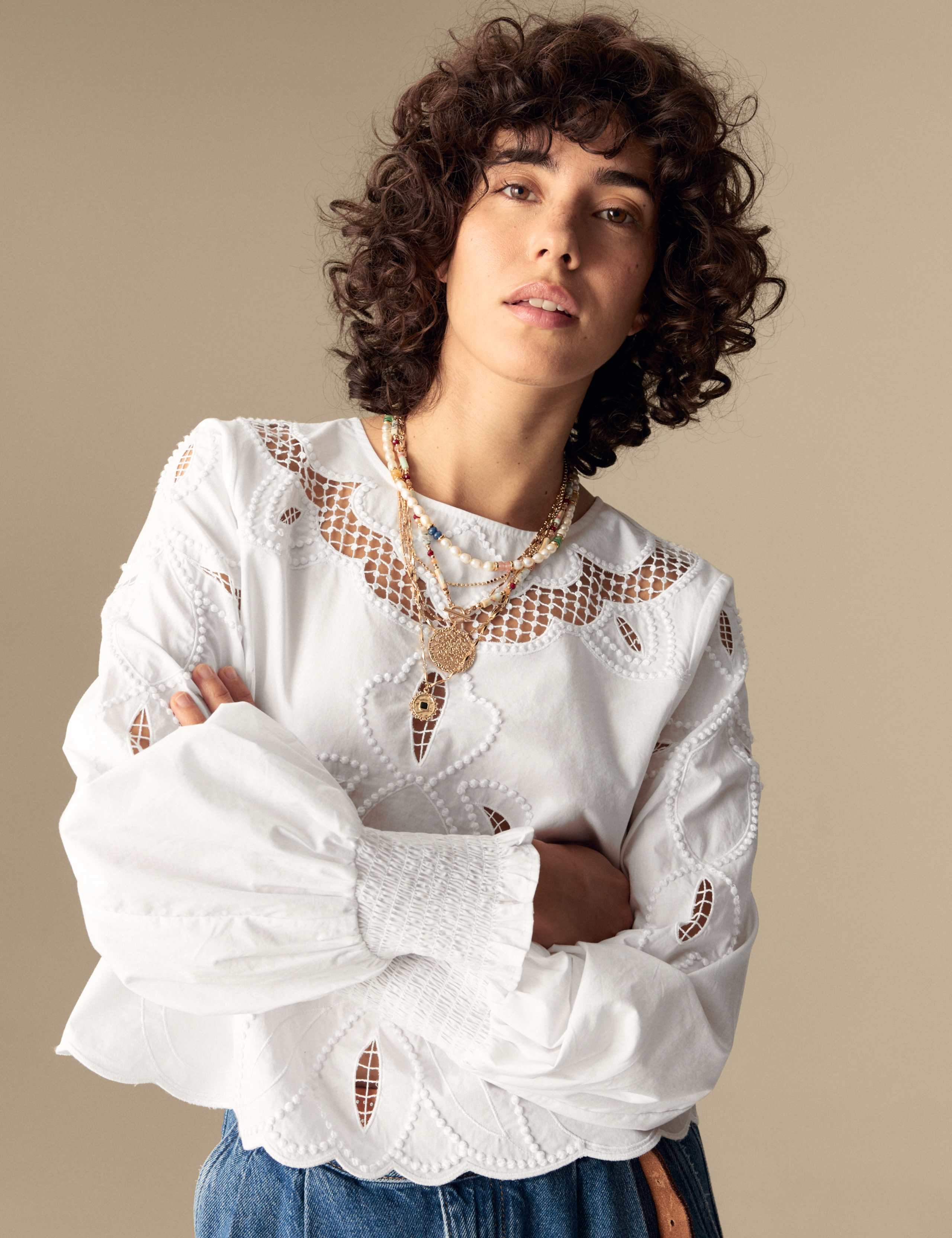 Pure Cotton Embroidered Crew Neck Blouse 4 of 5
