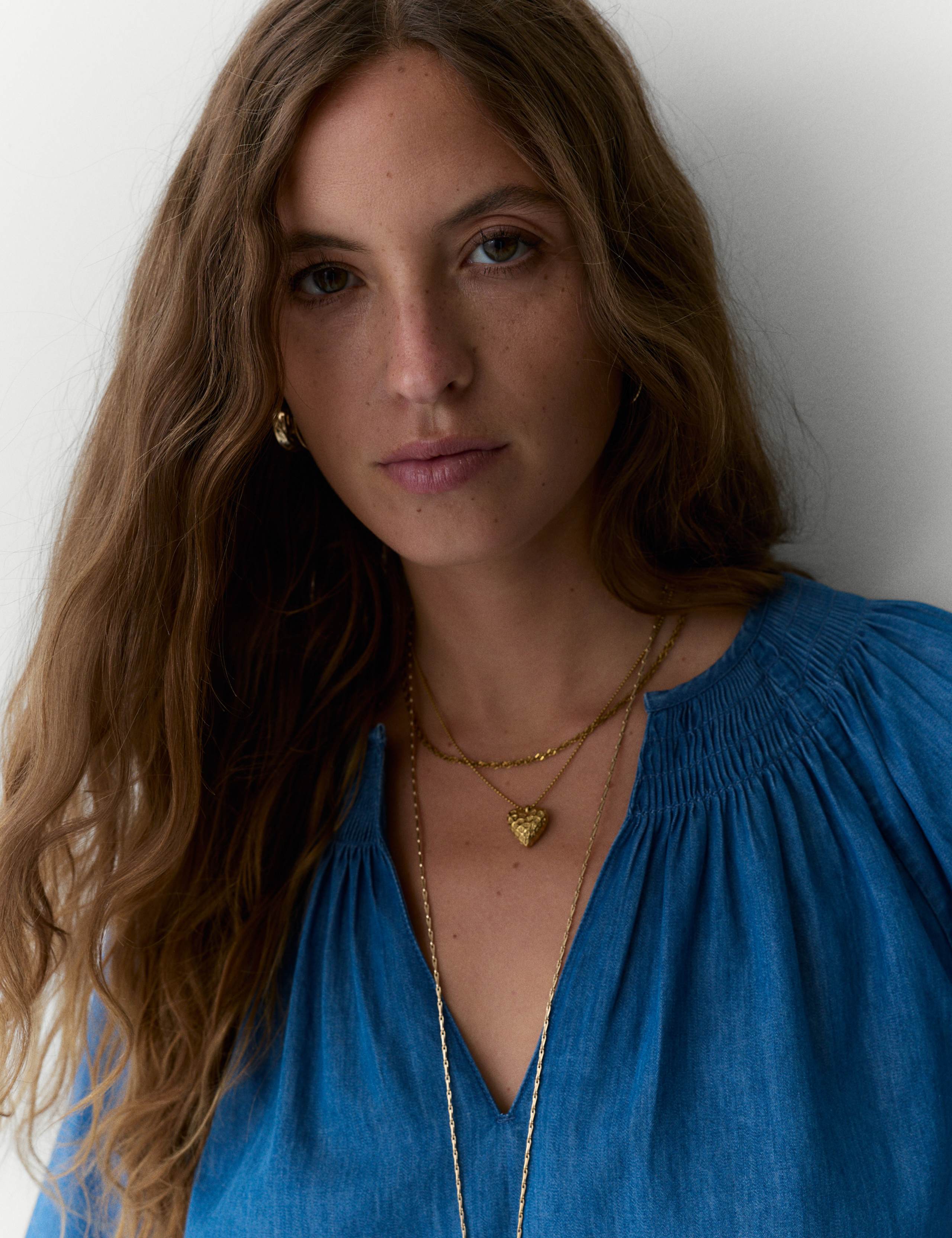 Pure Cotton Denim V-Neck Pintuck Blouse 3 of 4
