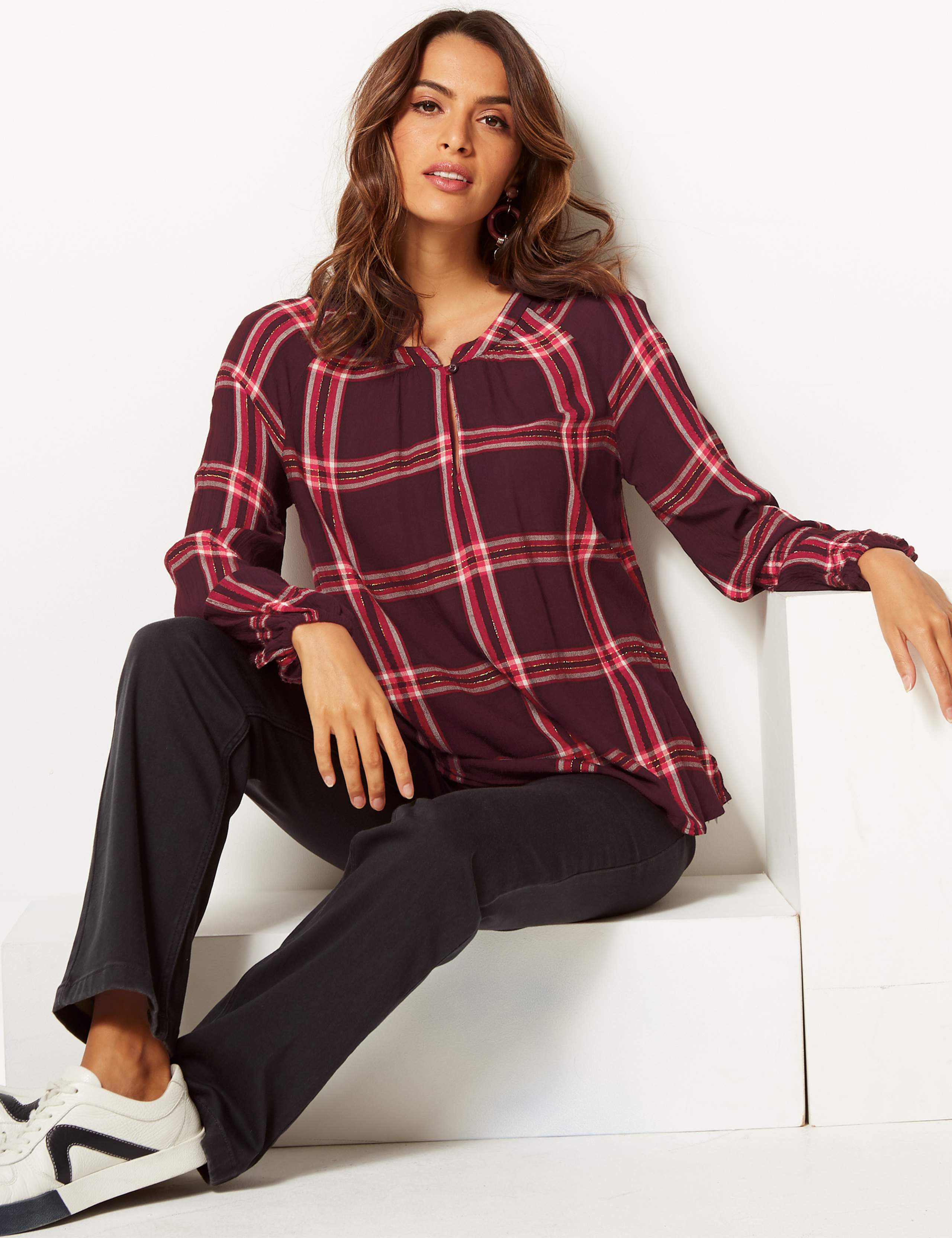 Checked V-Neck Long Sleeve Blouse 1 of 4