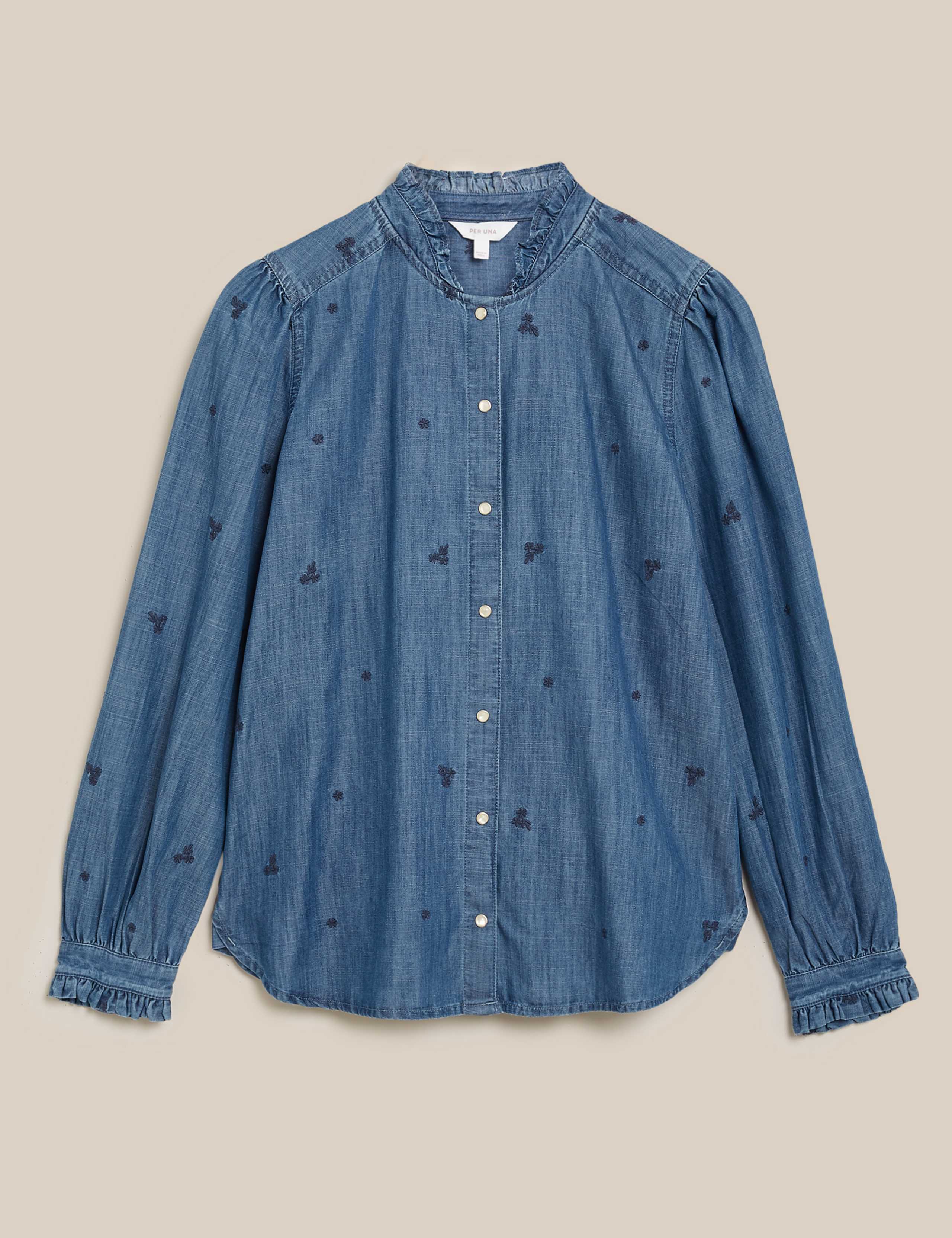 Tencel™ Denim Embroidered Ruffle Blouse 2 of 5