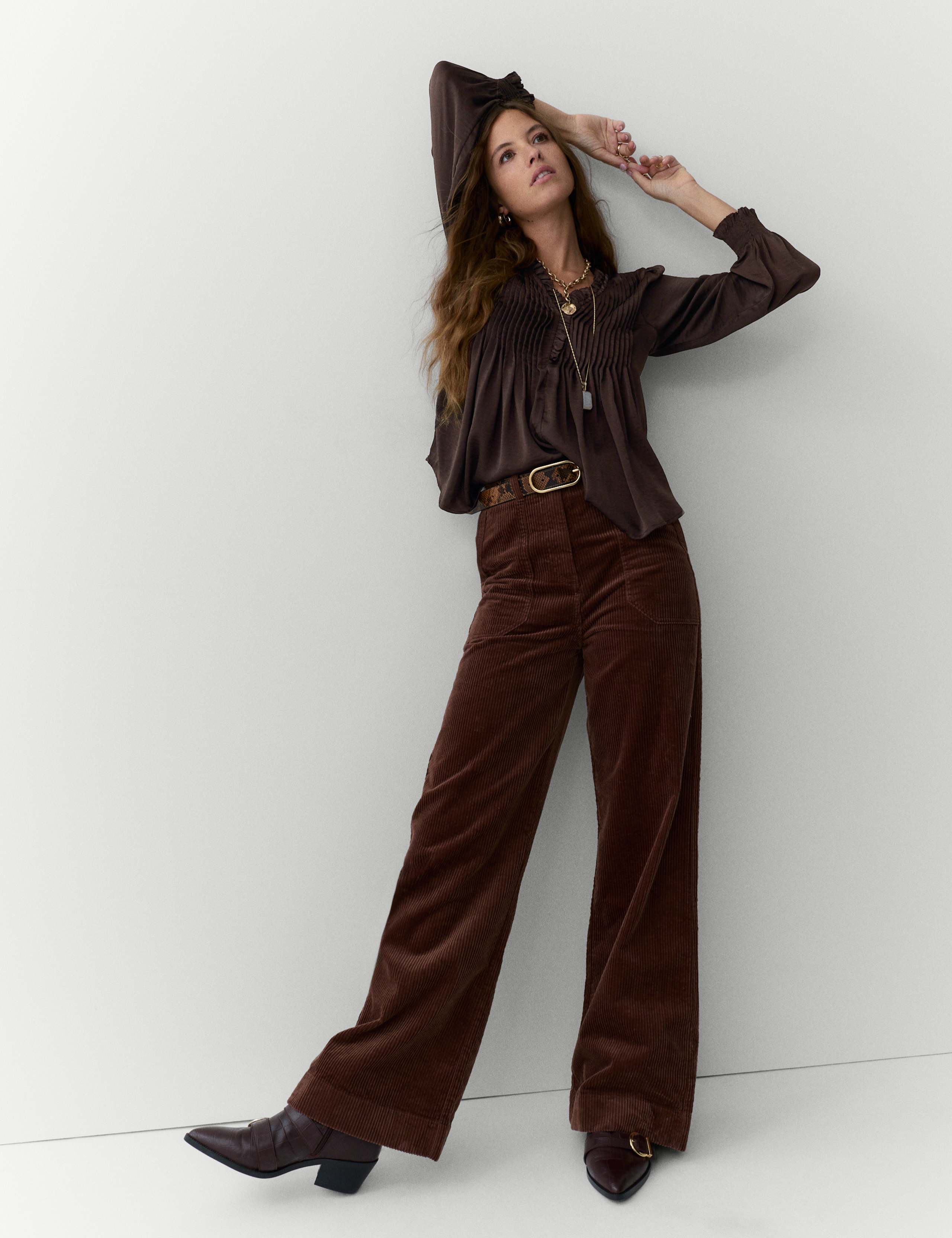 Satin V-Neck Ruffle Pleat Detail Blouse 1 of 5