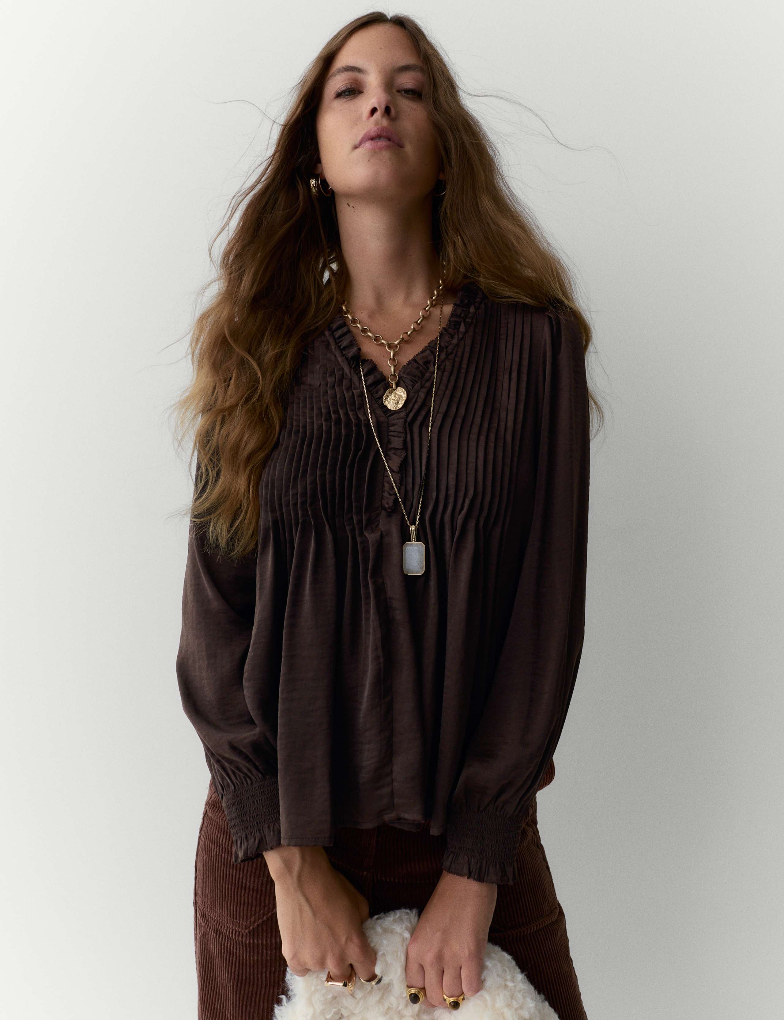 Satin V-Neck Ruffle Pleat Detail Blouse 4 of 5