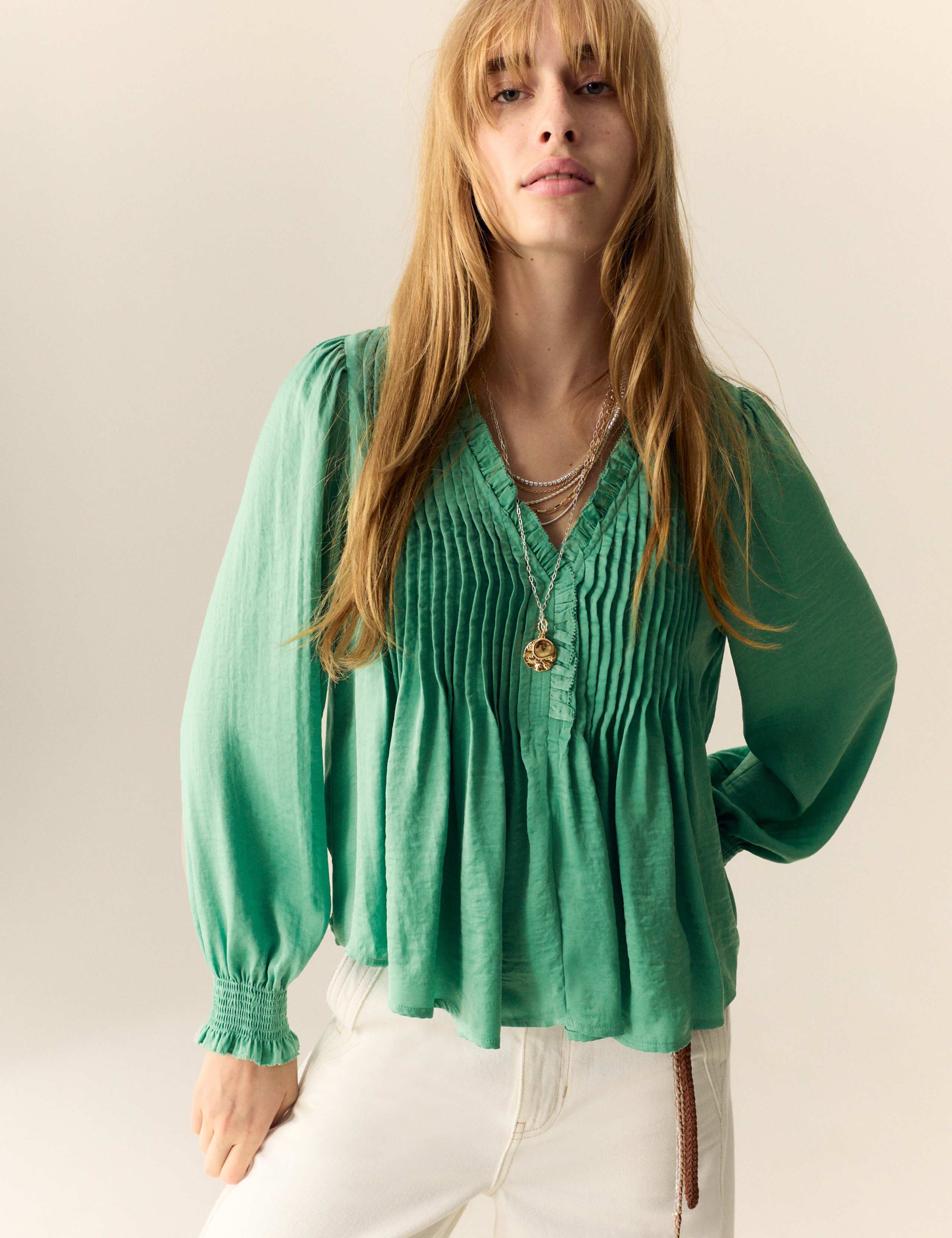 Satin V-Neck Ruffle Pleat Detail Blouse 1 of 5