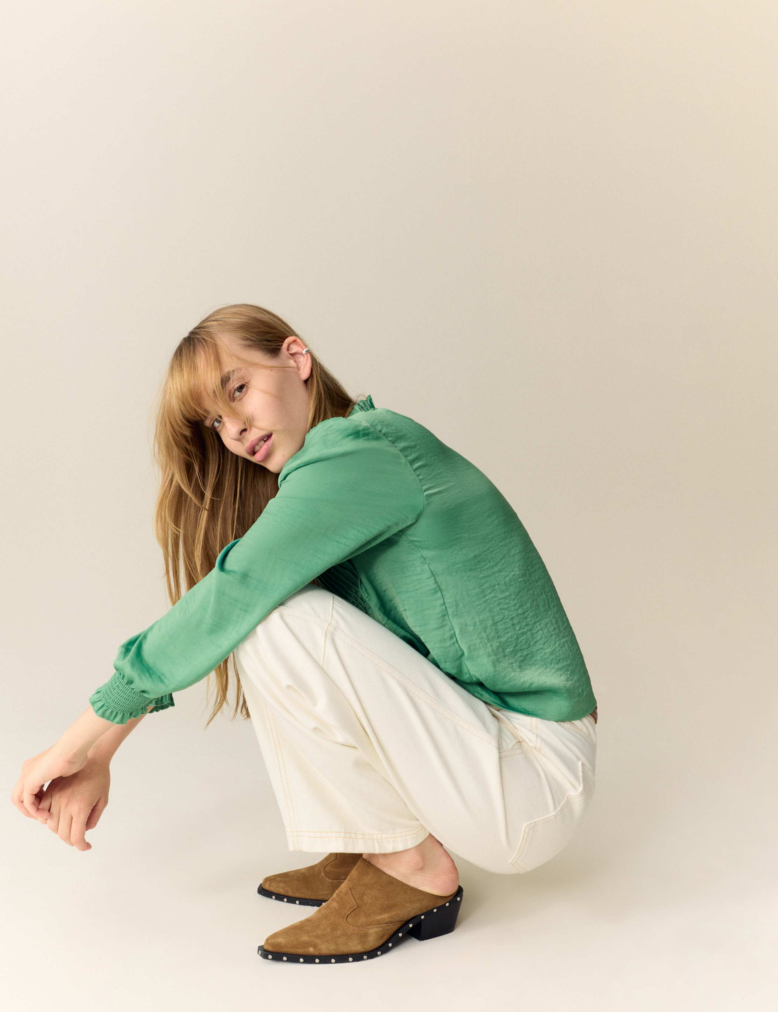 Satin V-Neck Ruffle Pleat Detail Blouse 3 of 5