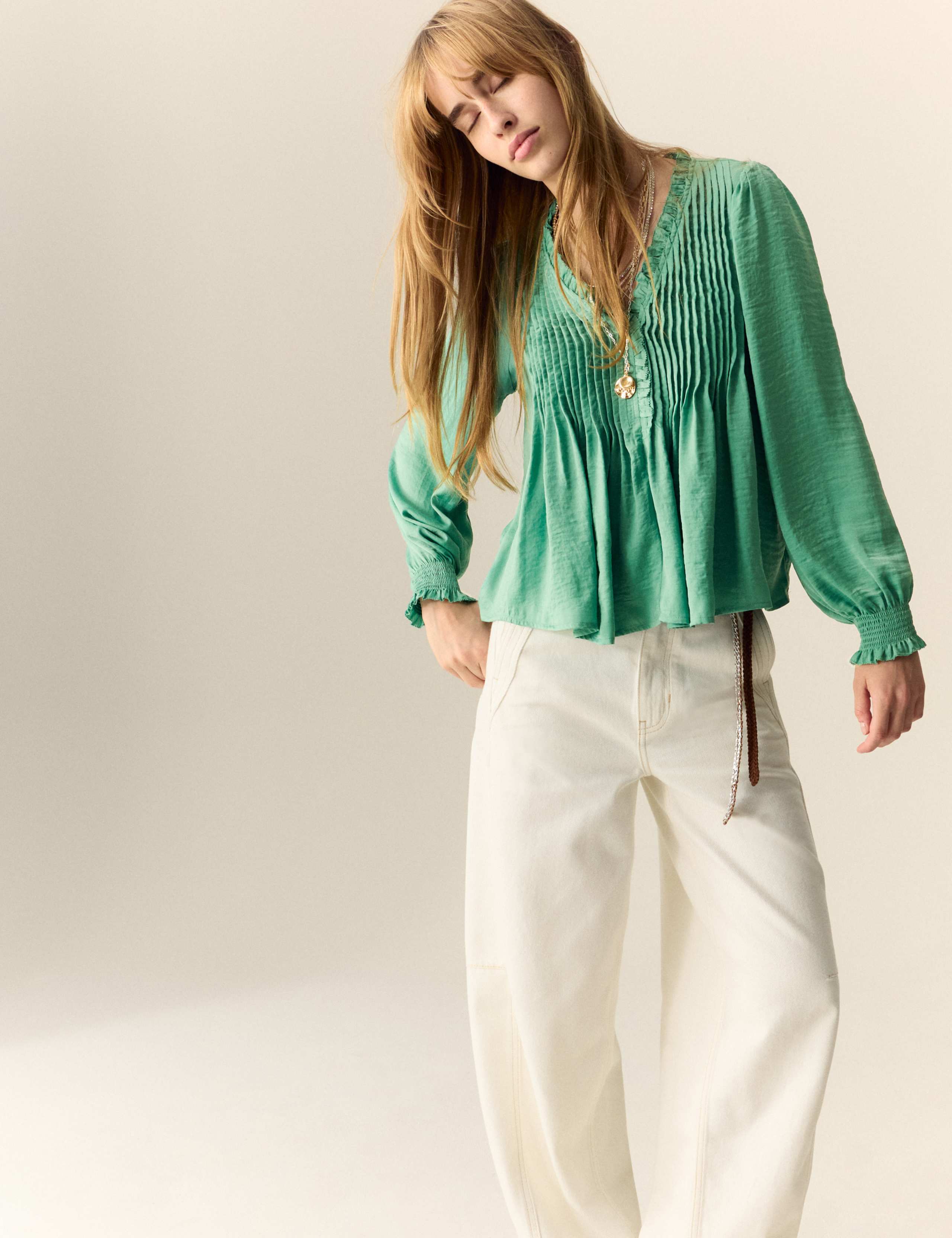 Satin V-Neck Ruffle Pleat Detail Blouse 5 of 5