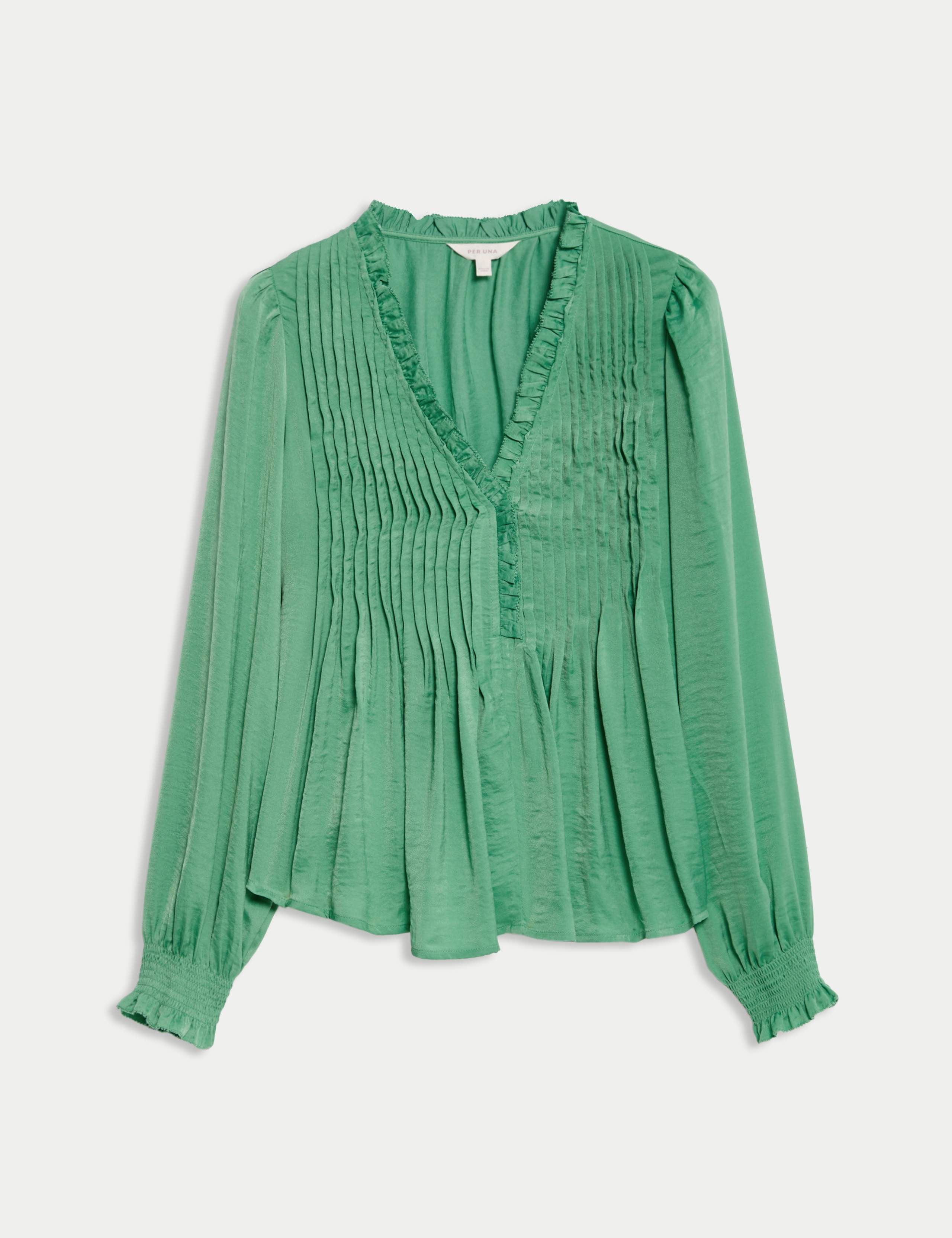 Satin V-Neck Ruffle Pleat Detail Blouse 2 of 5