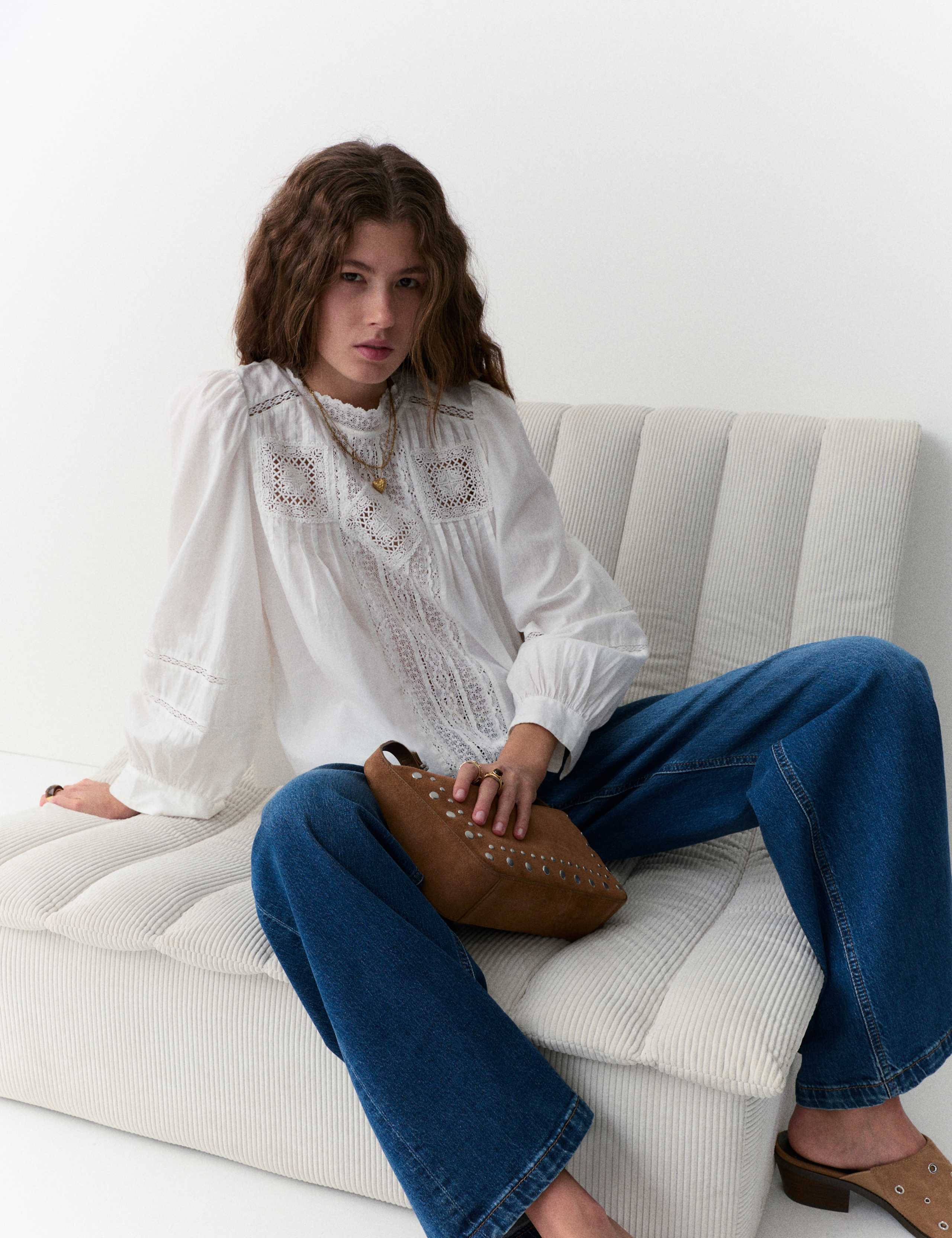 Pure Cotton Crew Neck Lace Front Blouse 2 of 5