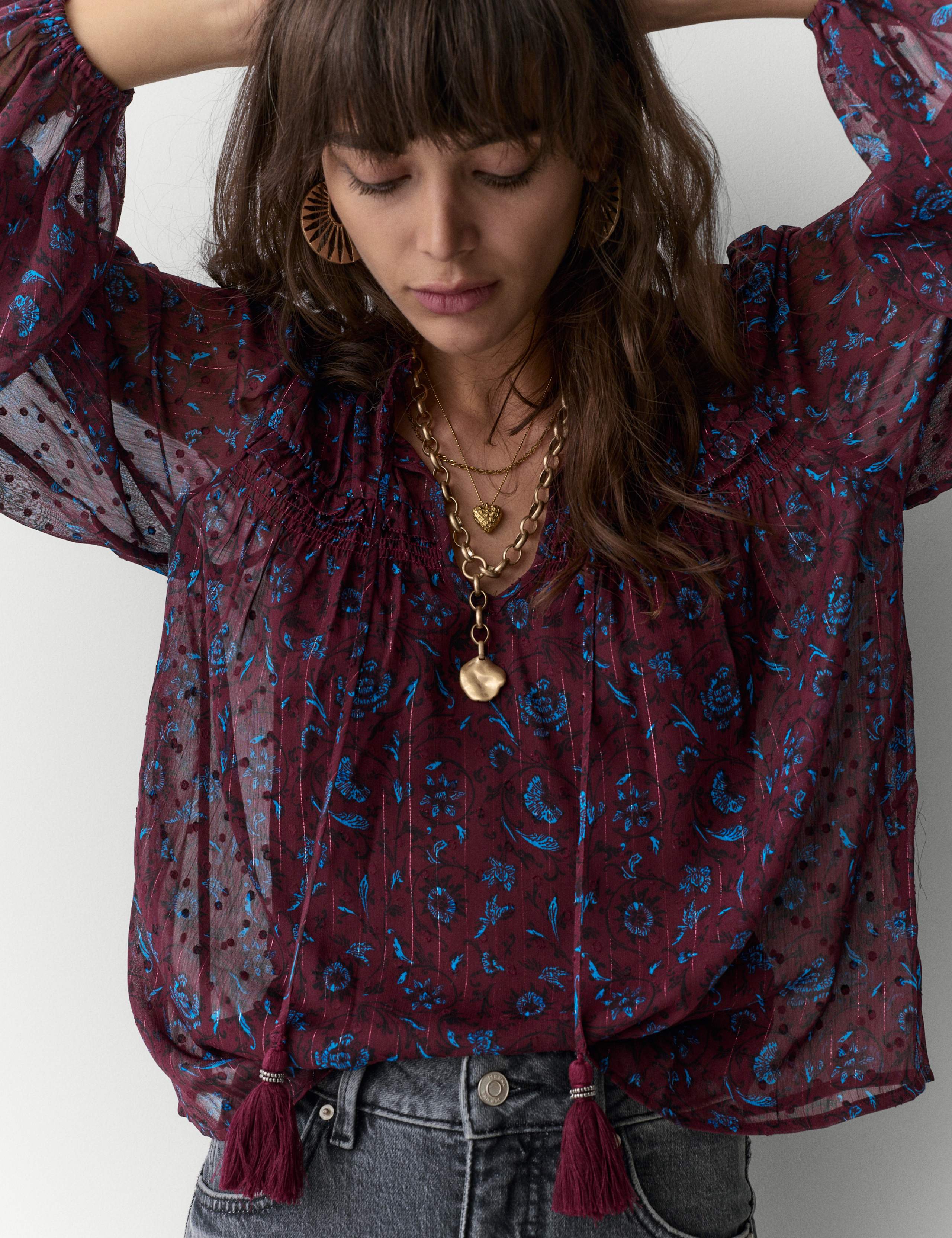 Sheer Chiffon Printed Metallic Tie Neck Top 1 of 5