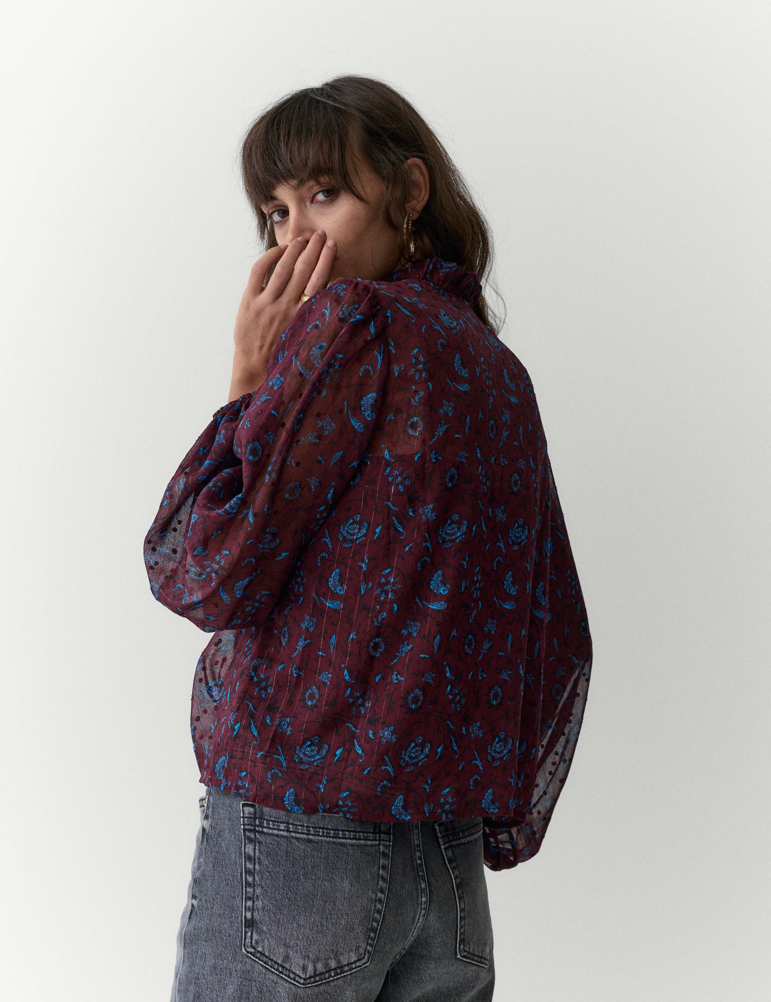 Sheer Chiffon Printed Metallic Tie Neck Top 3 of 5