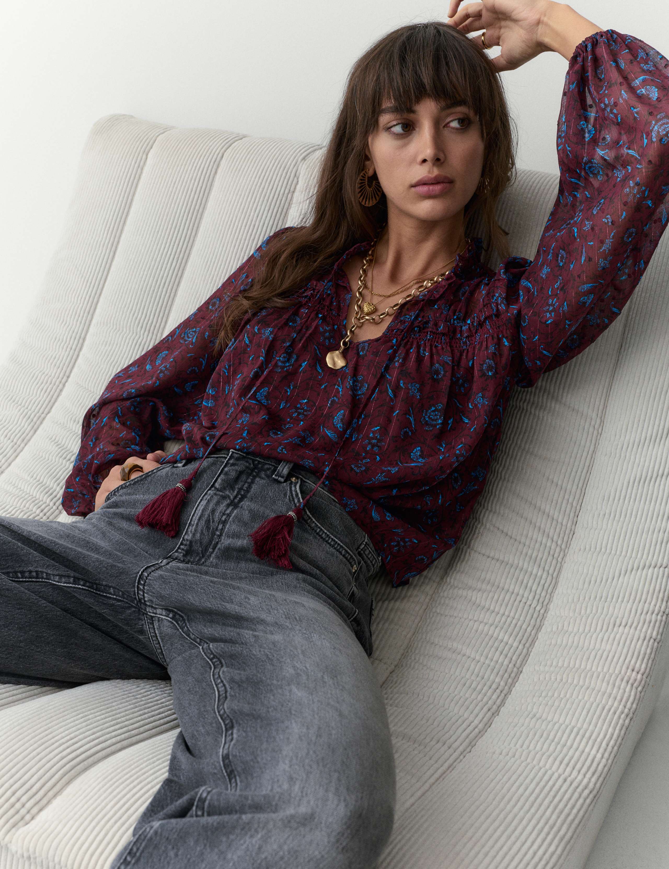 Sheer Chiffon Printed Metallic Tie Neck Top 5 of 5