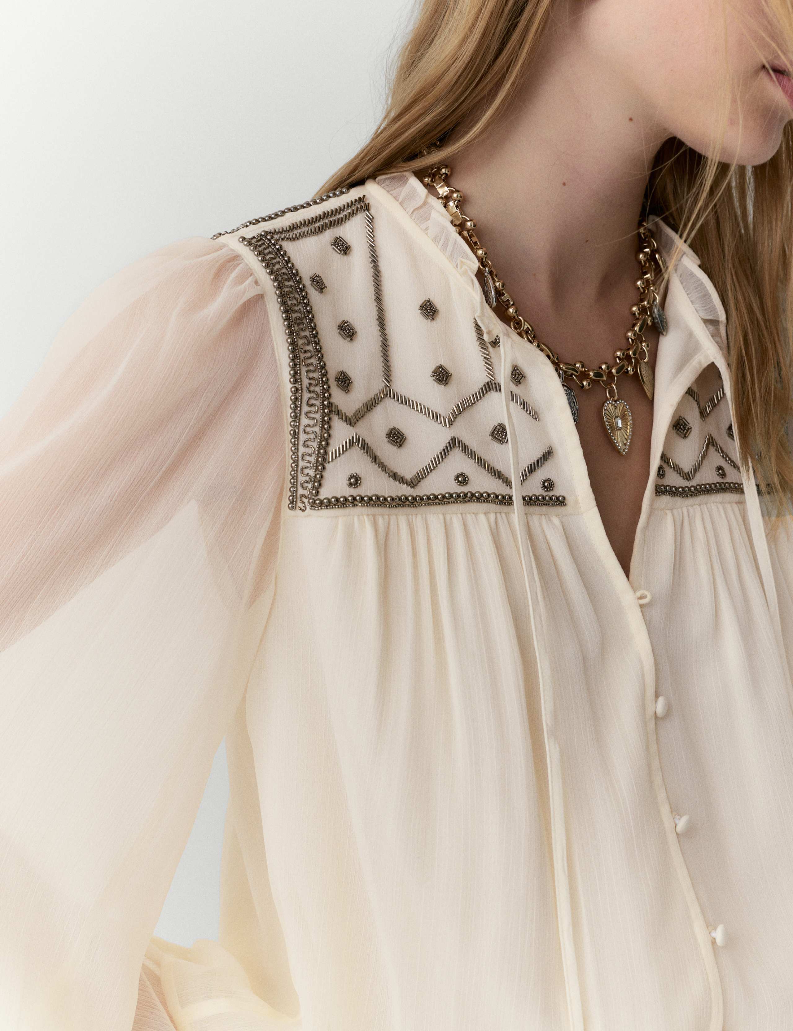 Beaded Yoke Tie Neck Blouson Sleeve Blouse 5 of 6