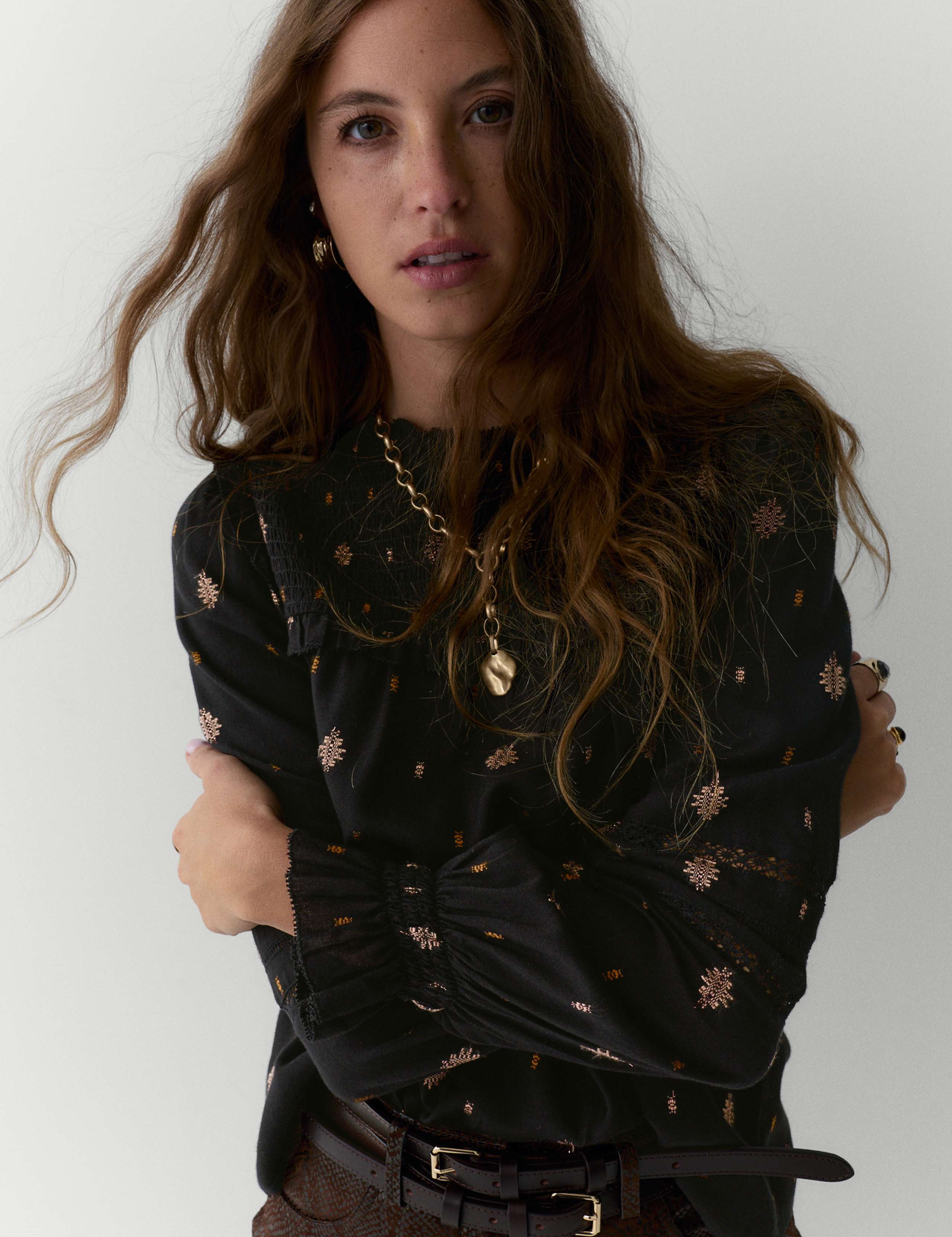 Jacquard Metallic Shirred Yoke Blouse 1 of 5