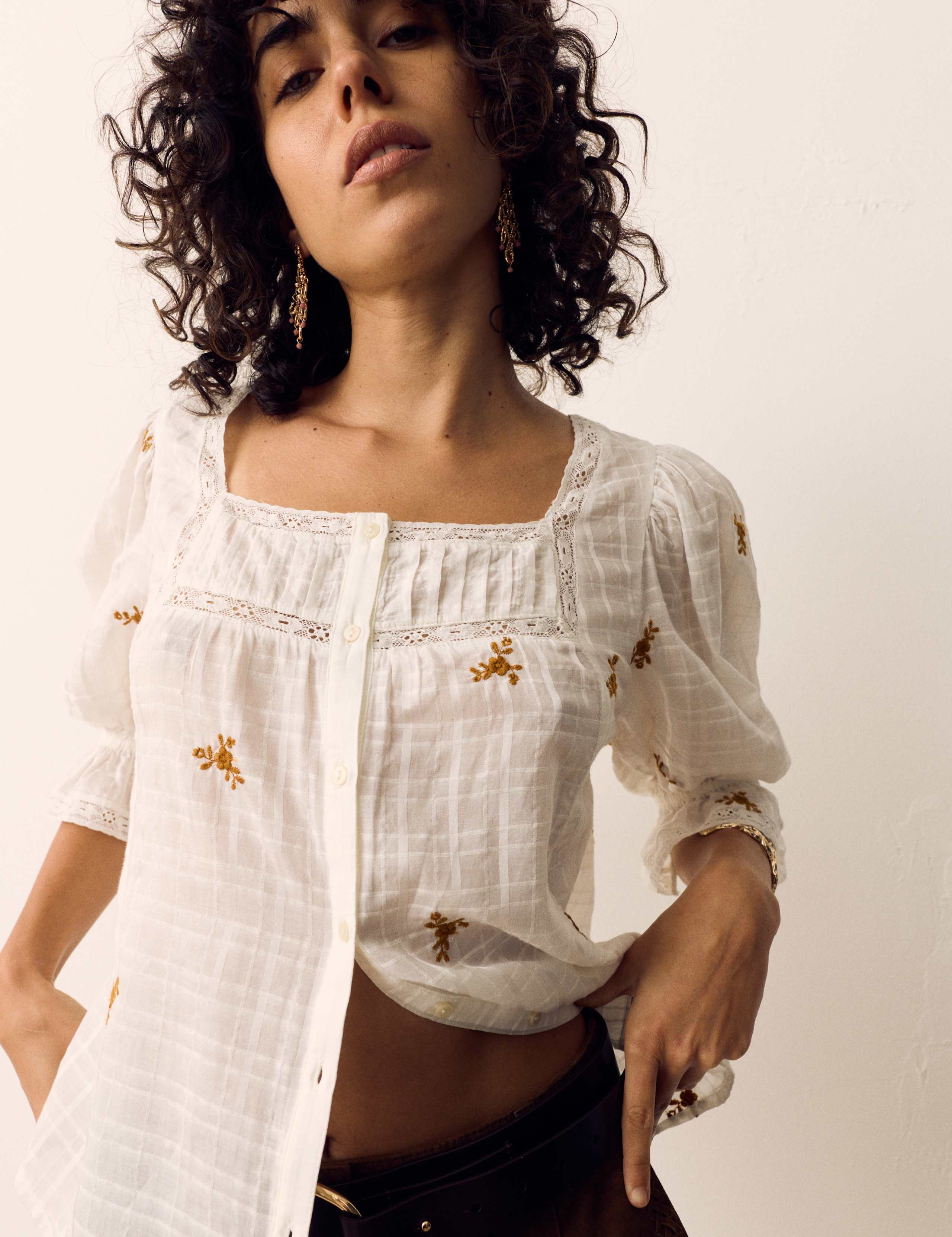 Cotton Rich Embroidered Square Neck Lace Detail Blouse 1 of 5