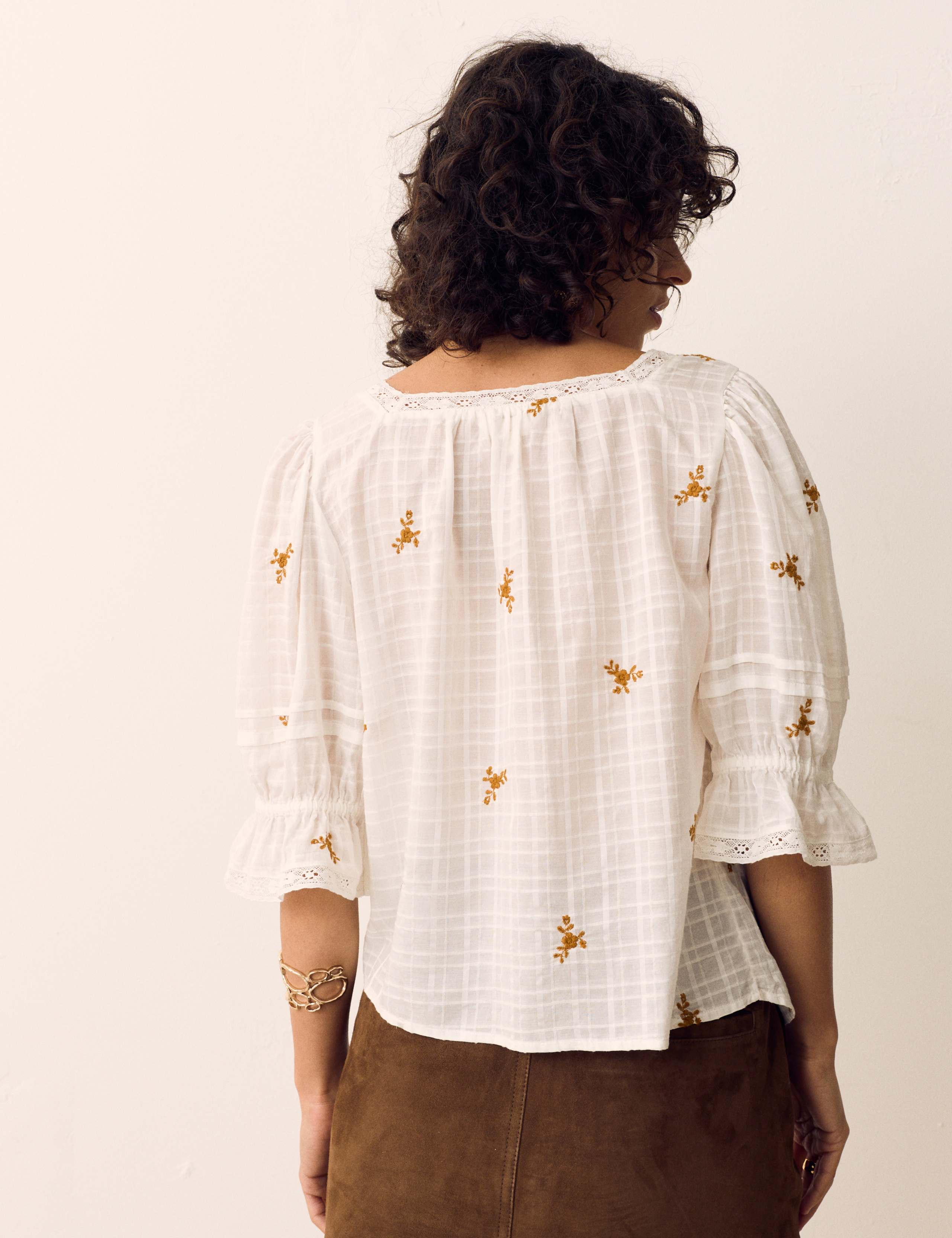 Cotton Rich Embroidered Square Neck Lace Detail Blouse 3 of 5