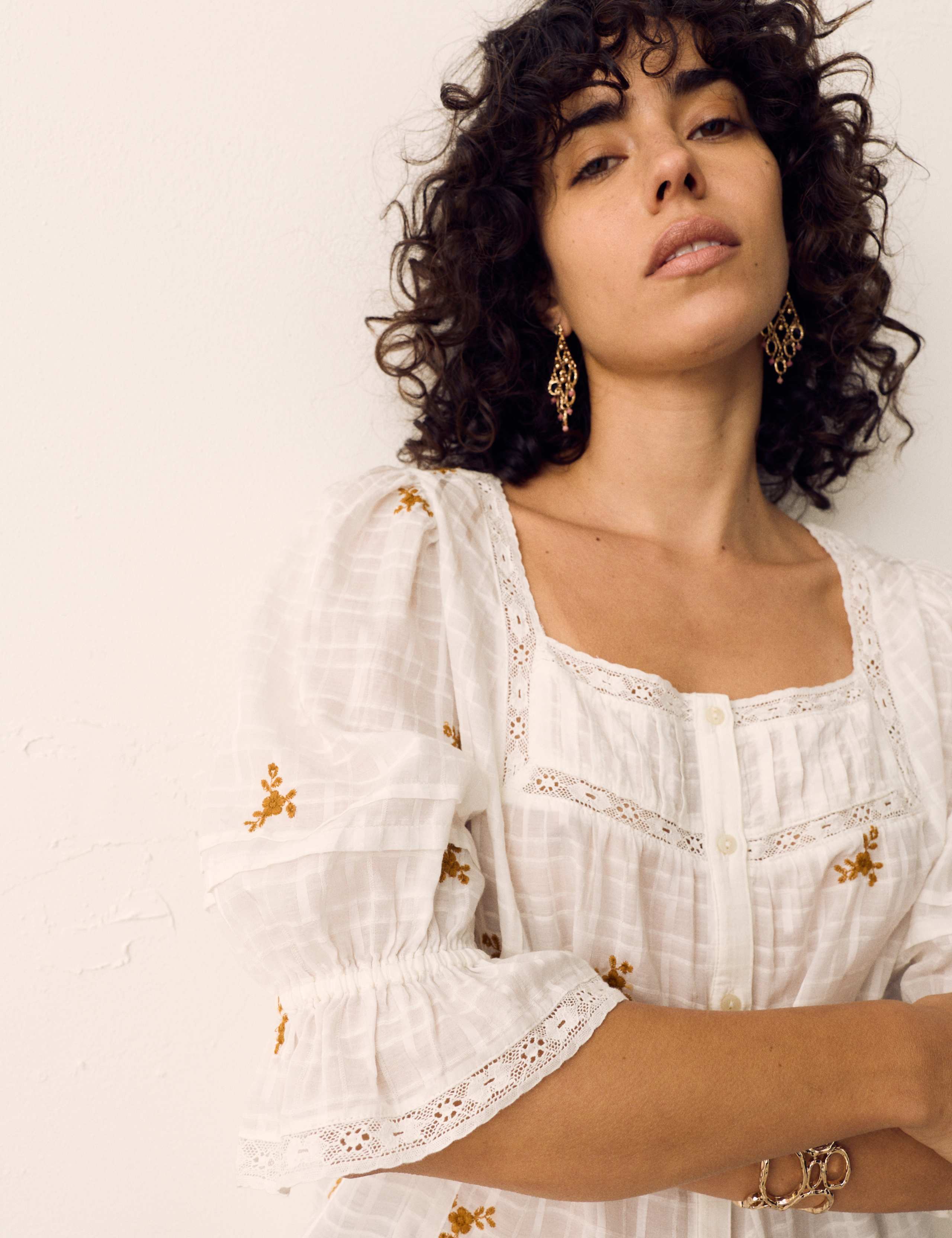 Cotton Rich Embroidered Square Neck Lace Detail Blouse 4 of 5