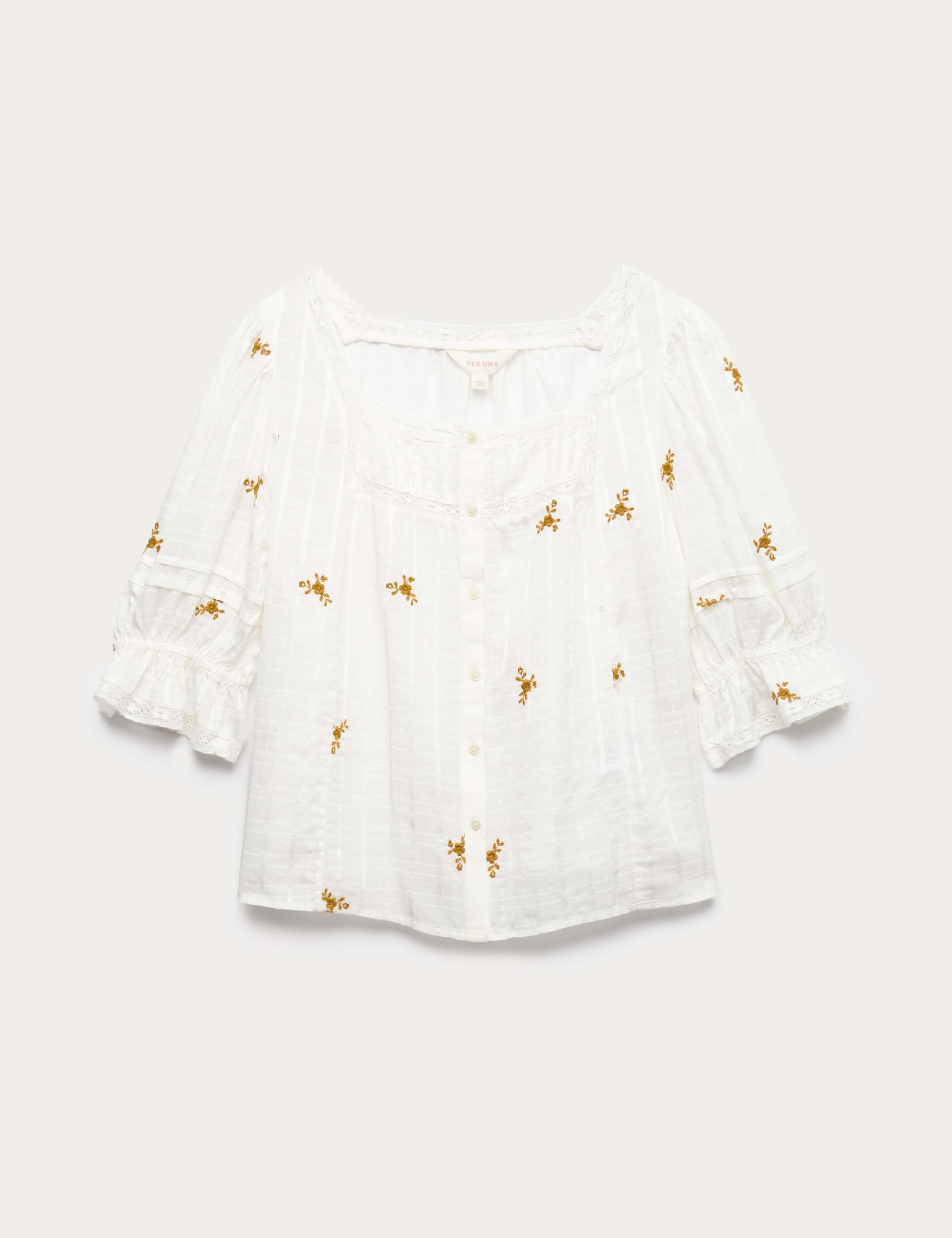 Cotton Rich Embroidered Square Neck Lace Detail Blouse 2 of 5