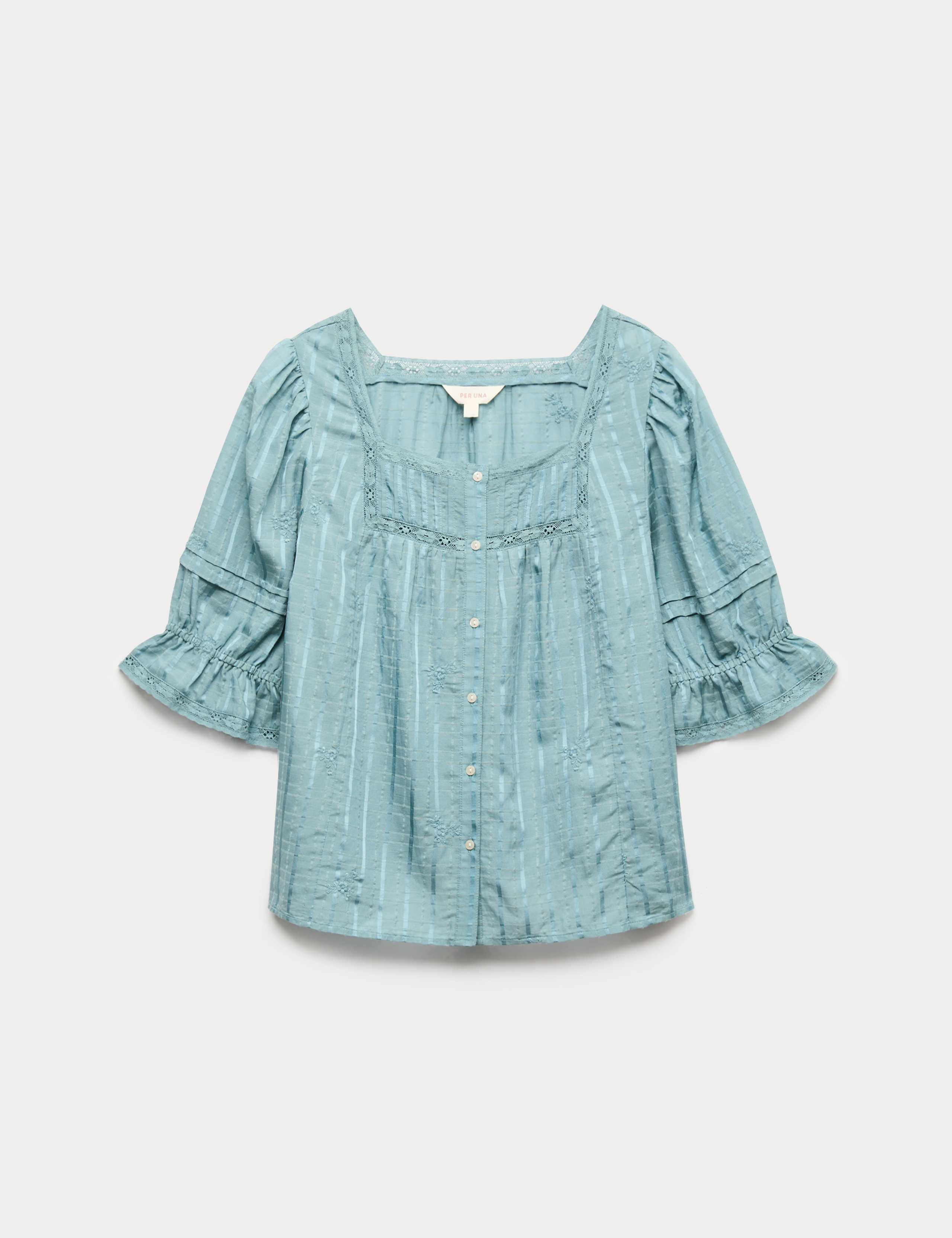 Cotton Rich Embroidered Square Neck Lace Detail Blouse 1 of 1