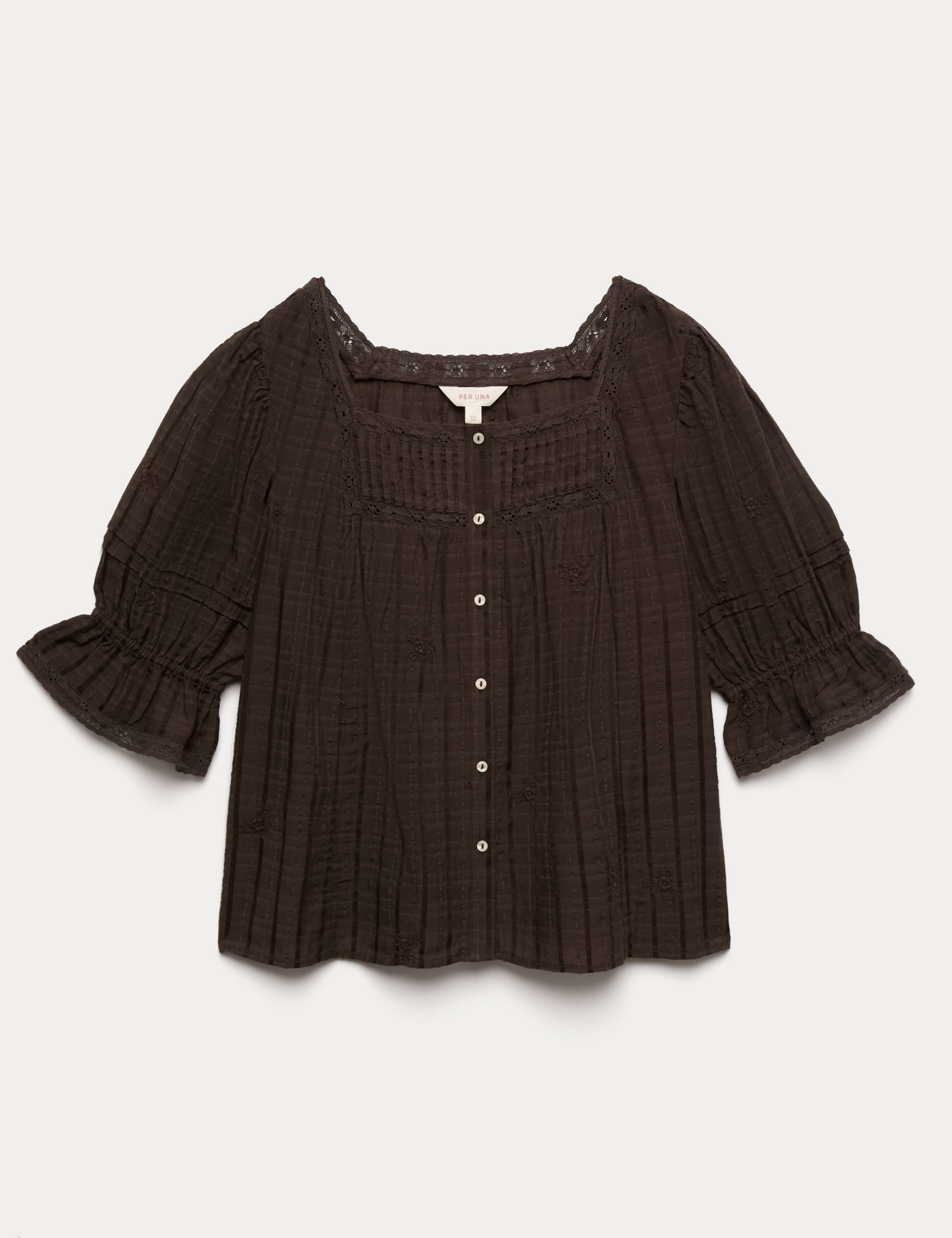 Cotton Rich Embroidered Square Neck Lace Detail Blouse 2 of 7