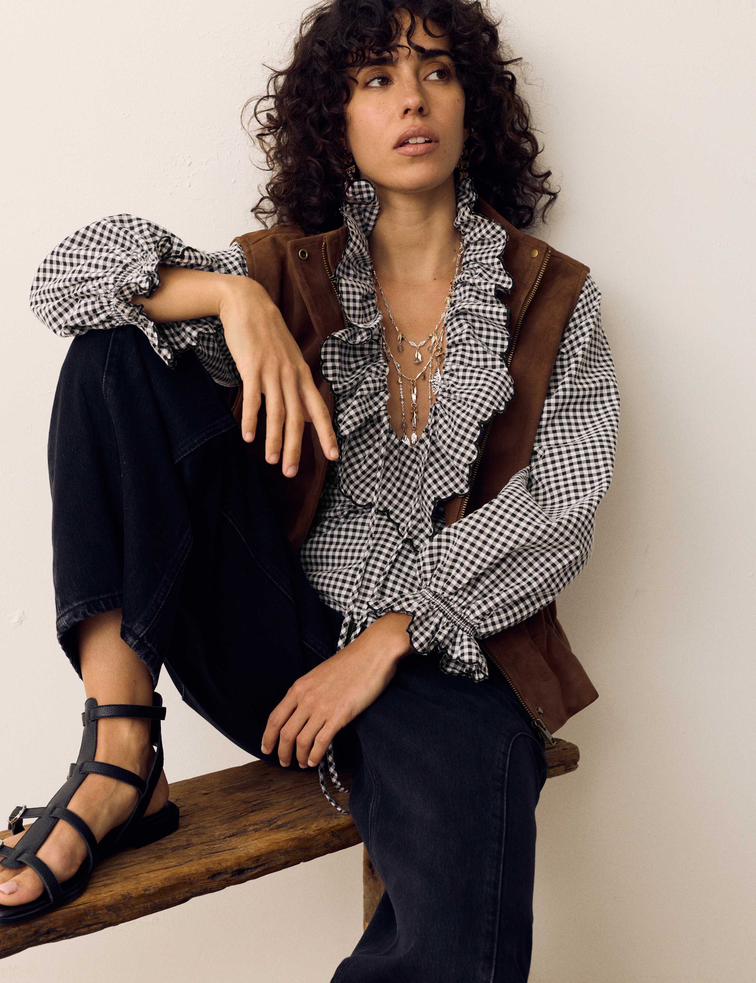 Cotton Rich Gingham Frill Neck Blouse 1 of 5