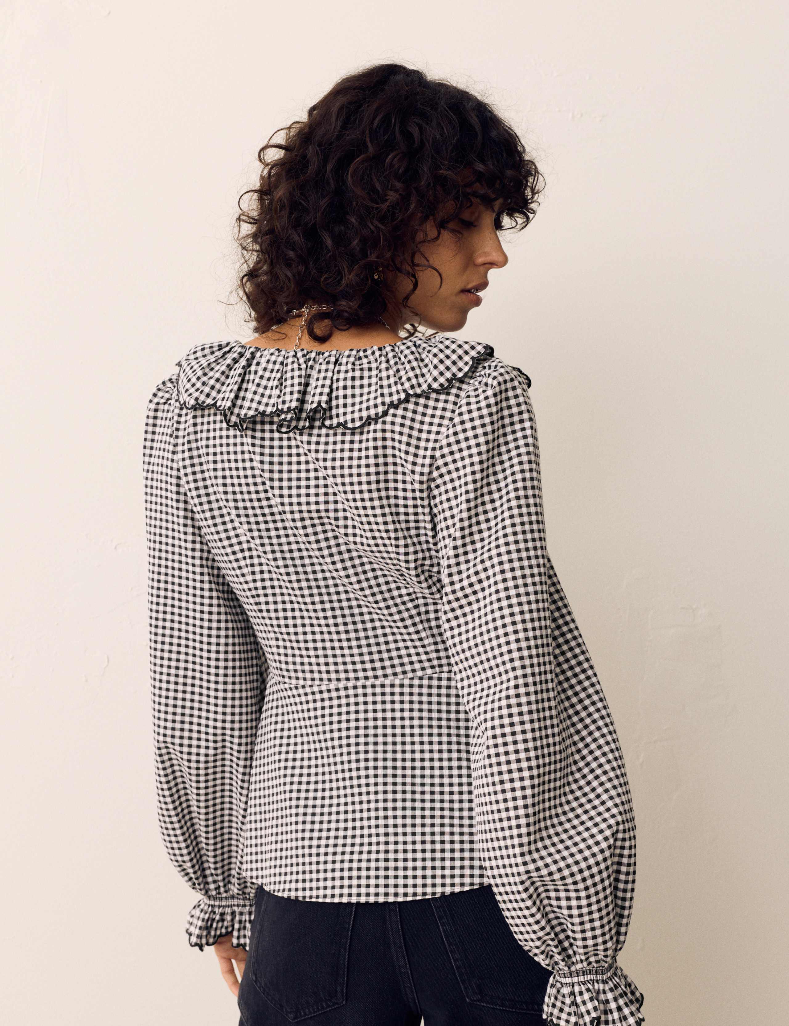 Cotton Rich Gingham Frill Neck Blouse 4 of 5