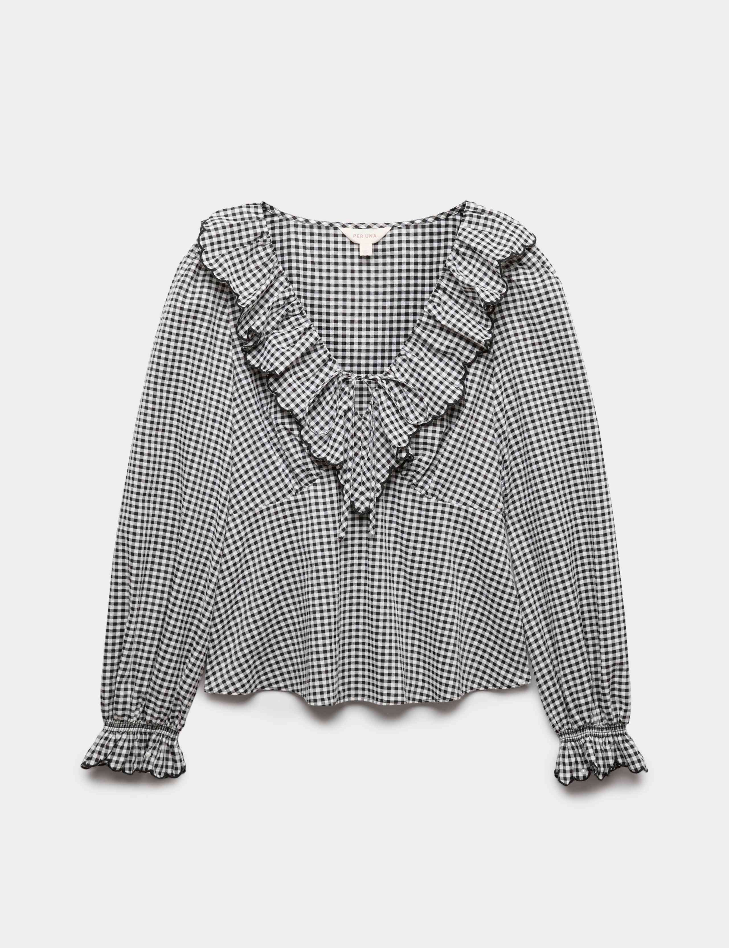 Cotton Rich Gingham Frill Neck Blouse 2 of 5