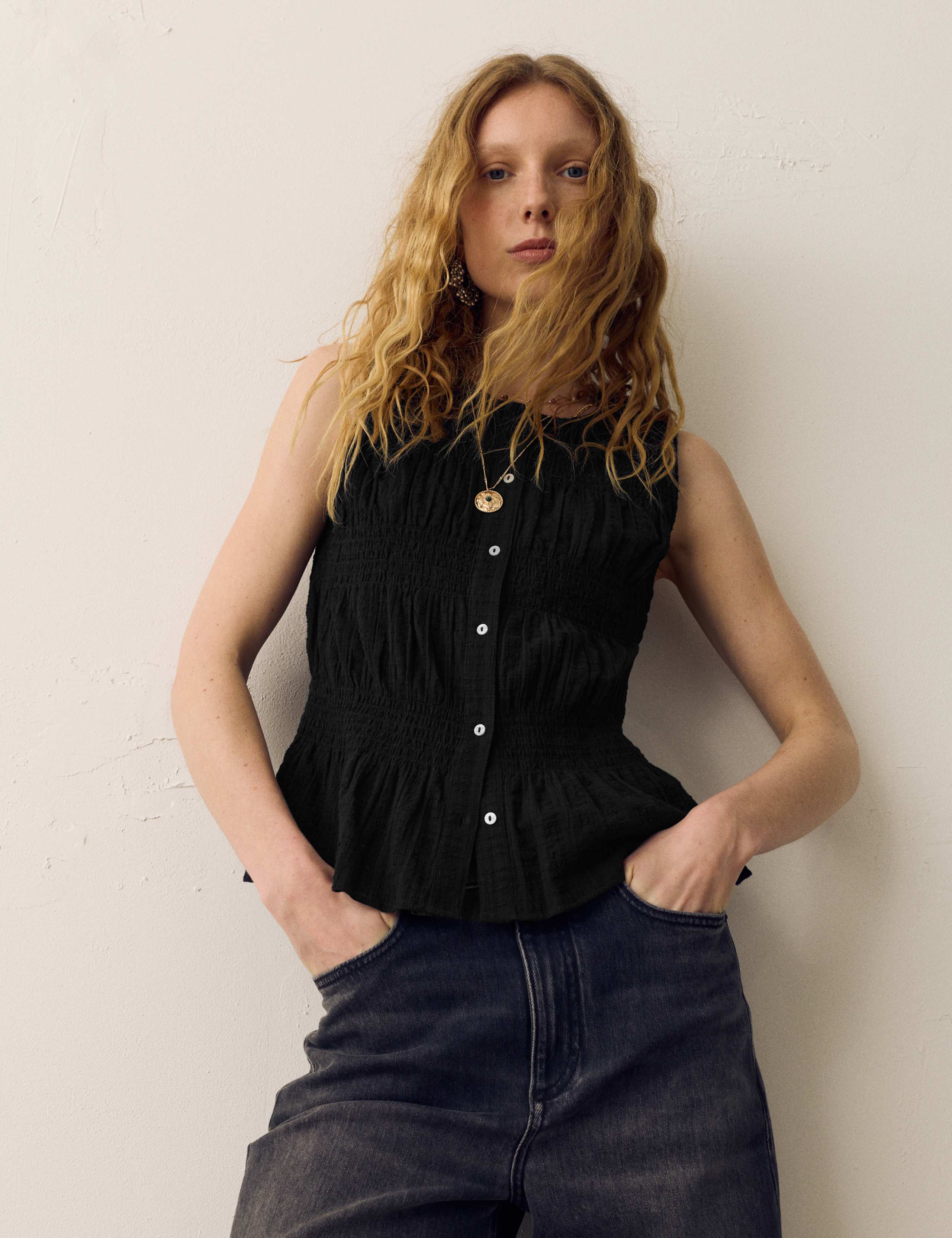 Pure Cotton Shirred Button Through Top 1 of 5