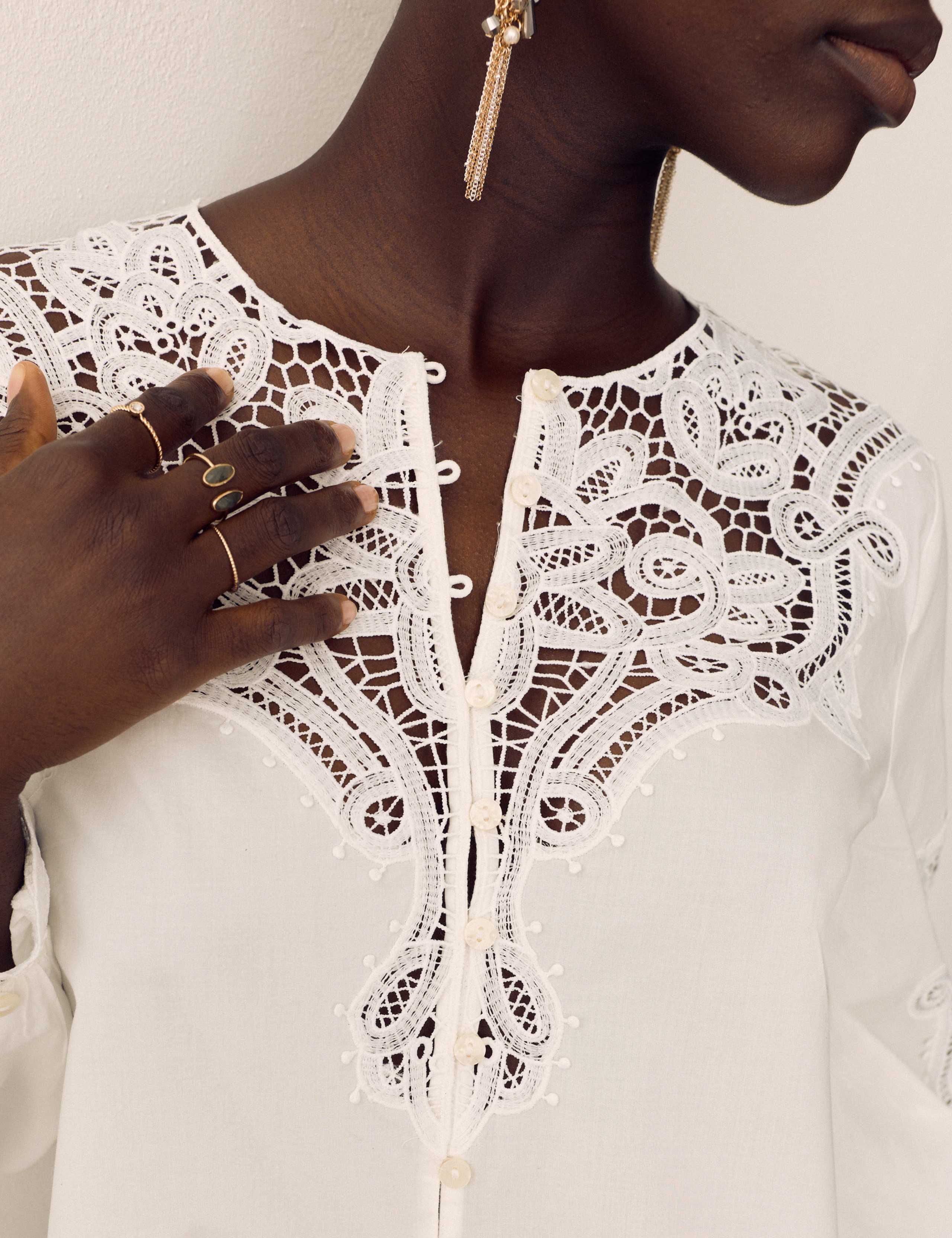 Cotton Rich Collarless Cutwork Blouse 2 of 4