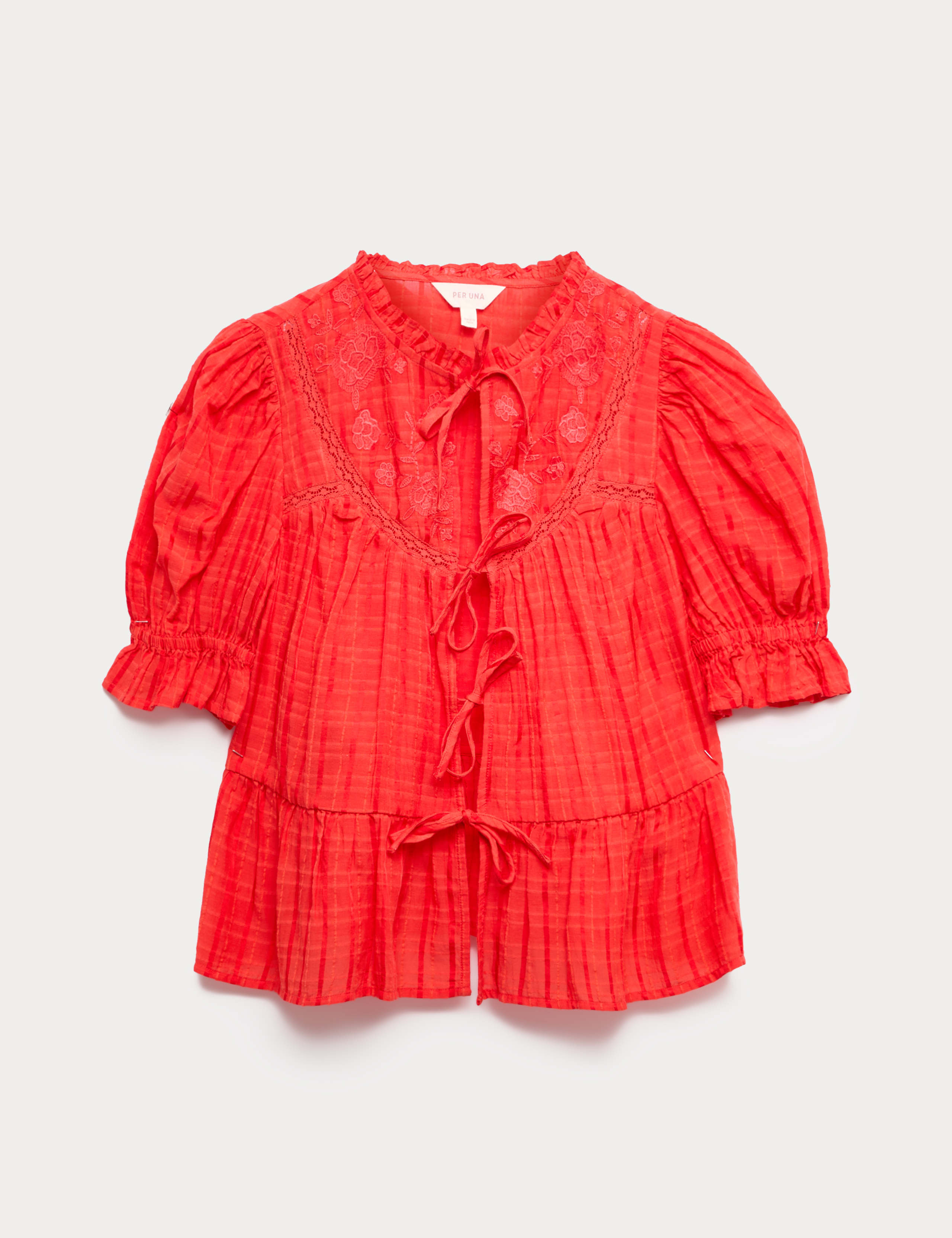 Cotton Rich Embroidered Yoke Tie Neck Blouse 2 of 5