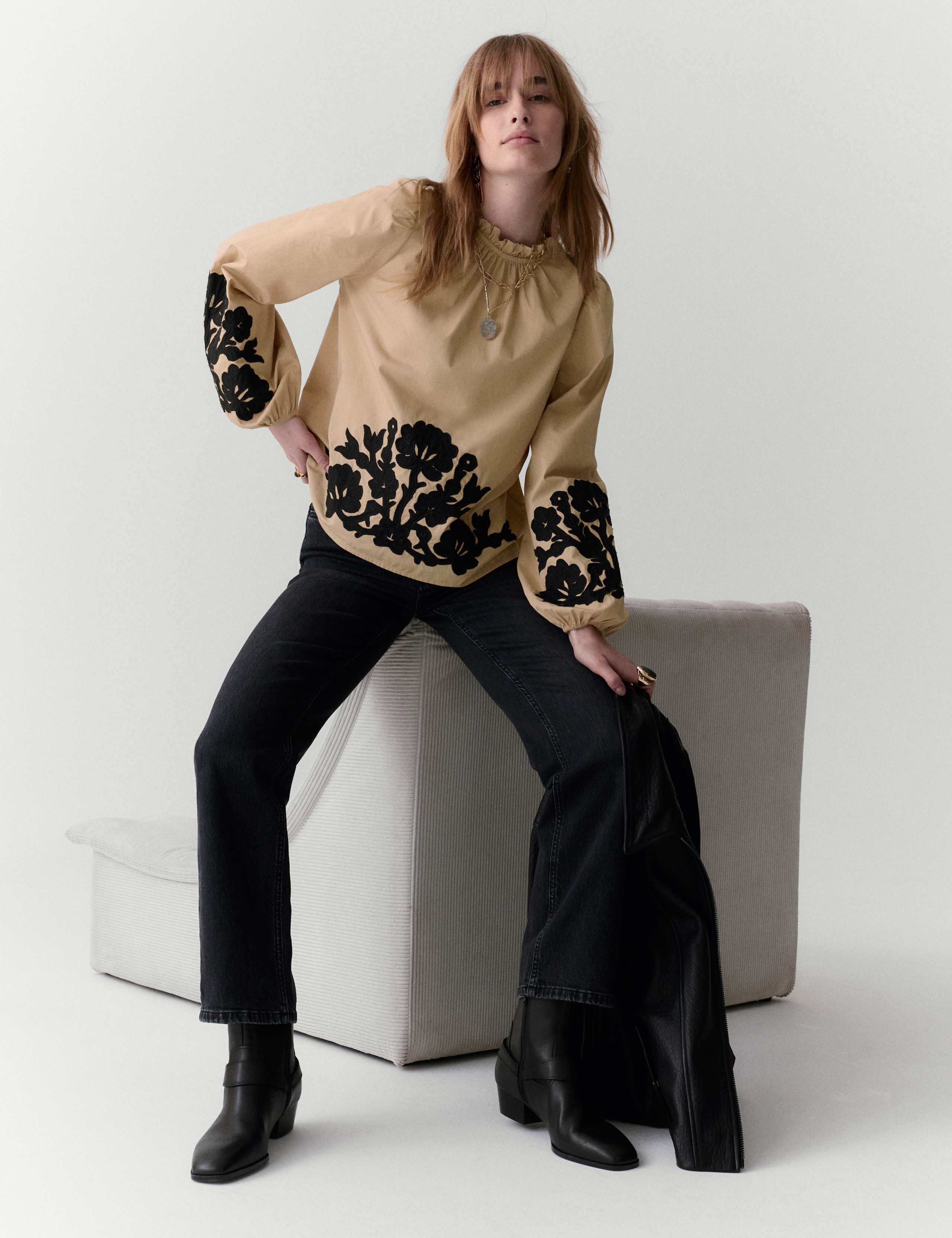 Pure Cotton Contrast Applique Blouse 1 of 6