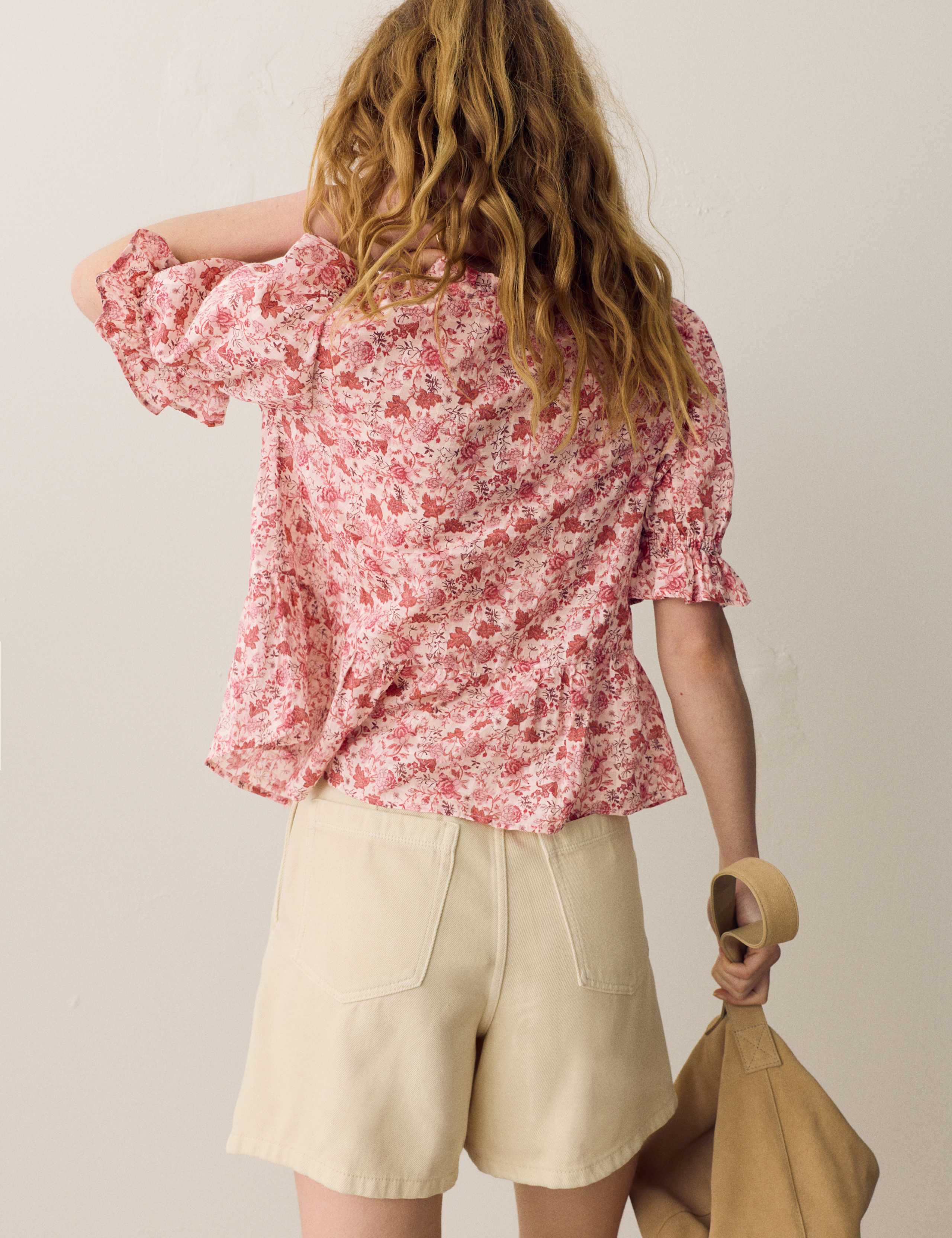 Cotton Rich Printed Tie Front Blouse 4 of 5