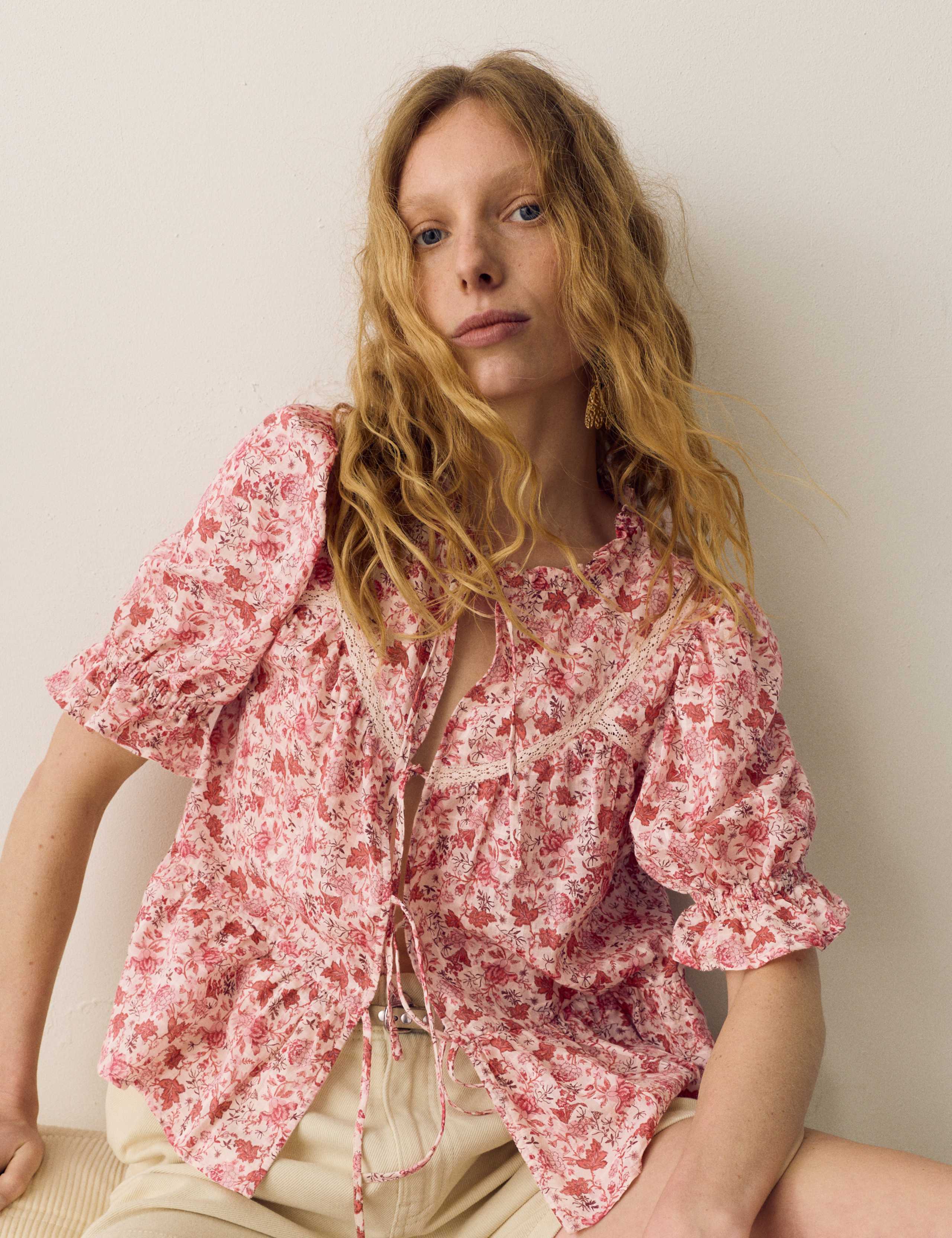 Cotton Rich Printed Tie Front Blouse 5 of 5