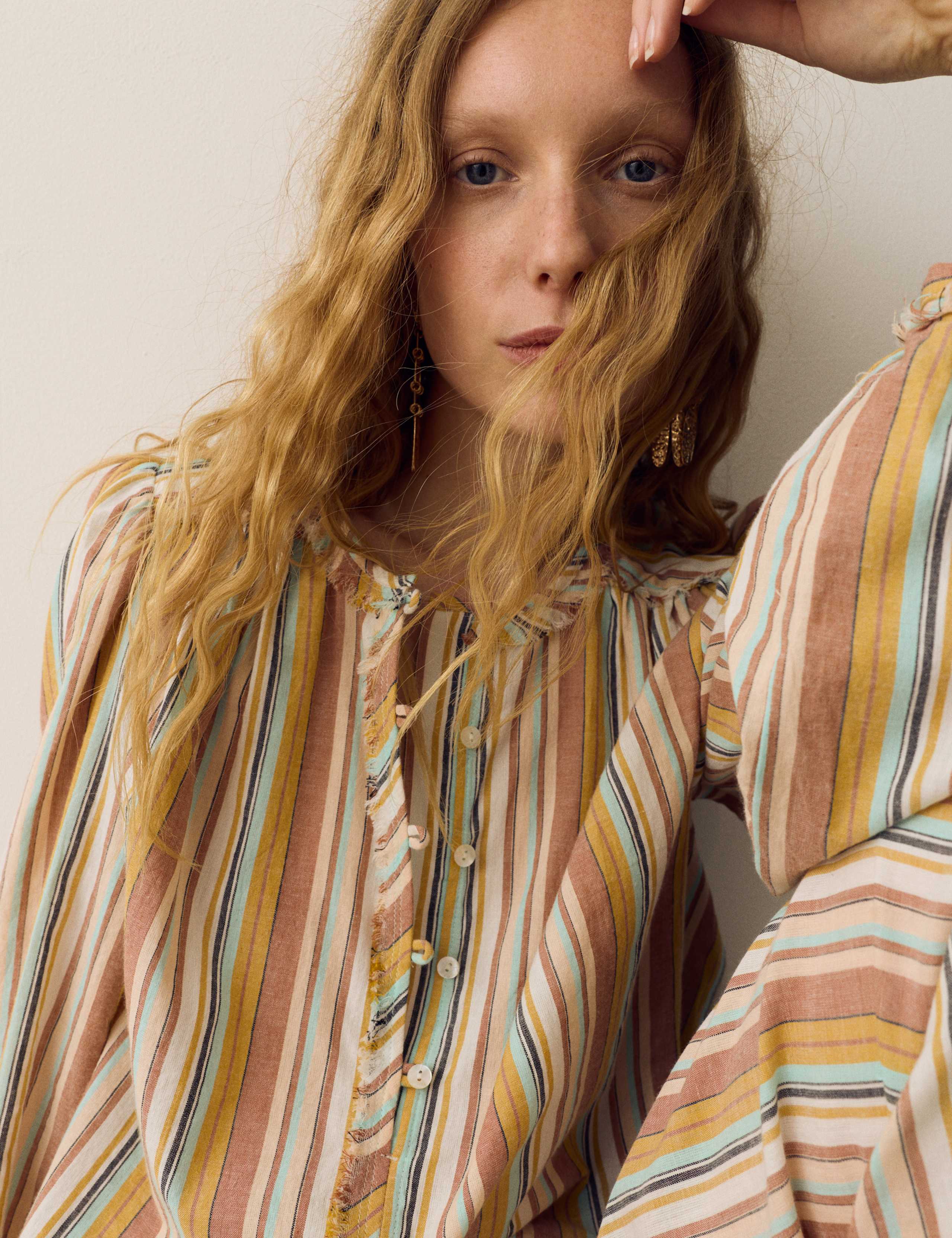 Pure Cotton Striped Blouson Sleeve Blouse 3 of 4