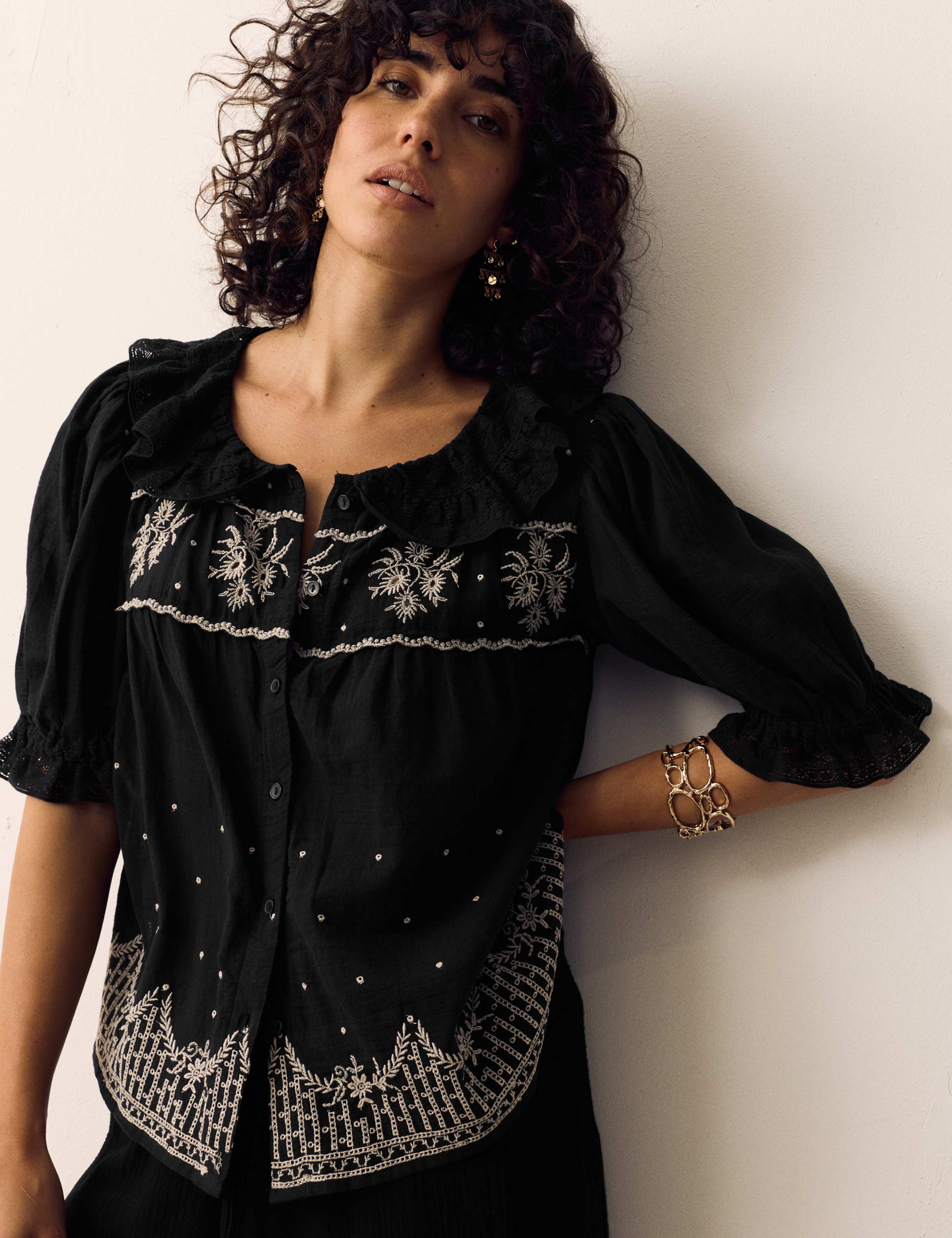 Pure Cotton Embroidered Lace Collar Blouse 3 of 5