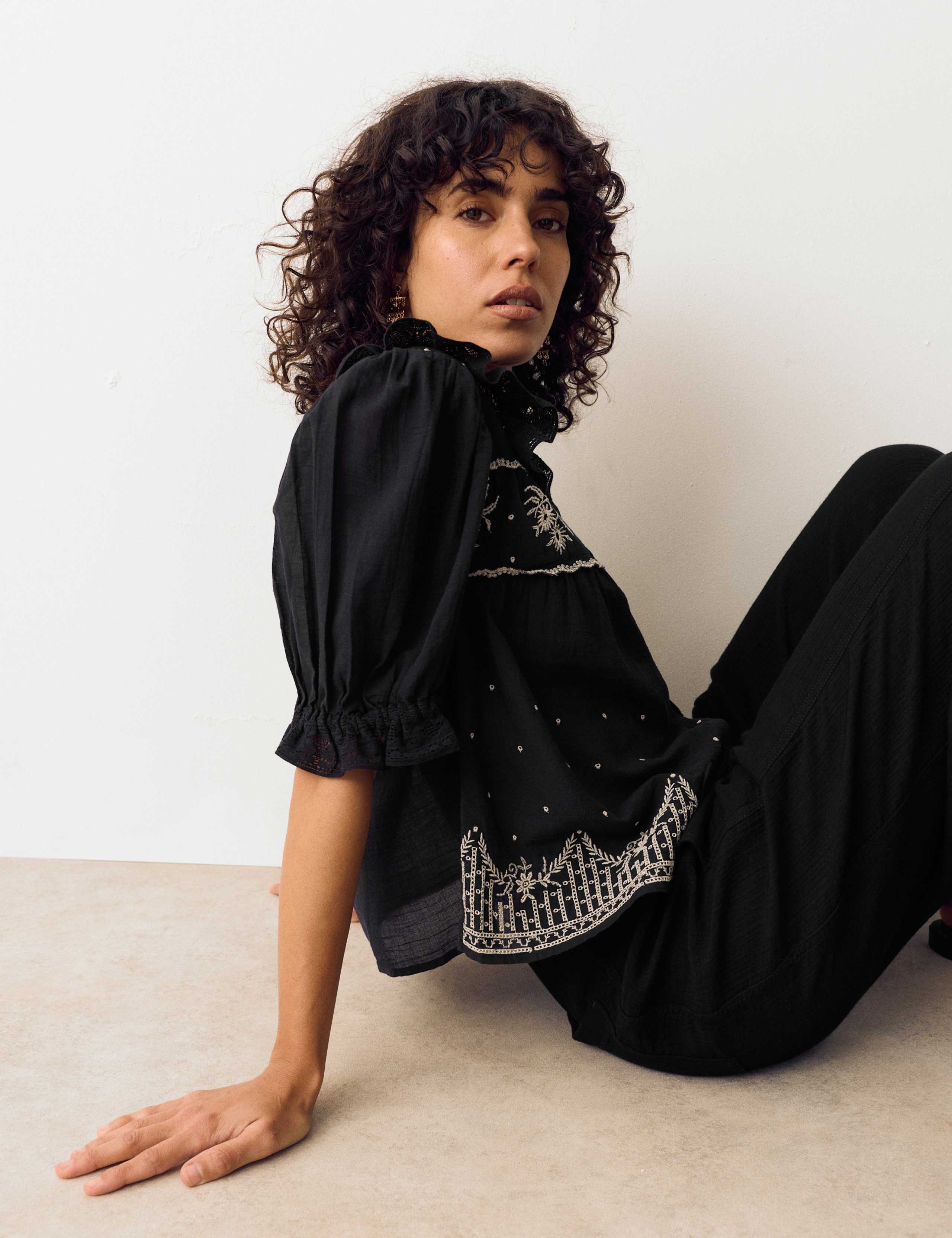 Pure Cotton Embroidered Lace Collar Blouse 5 of 5