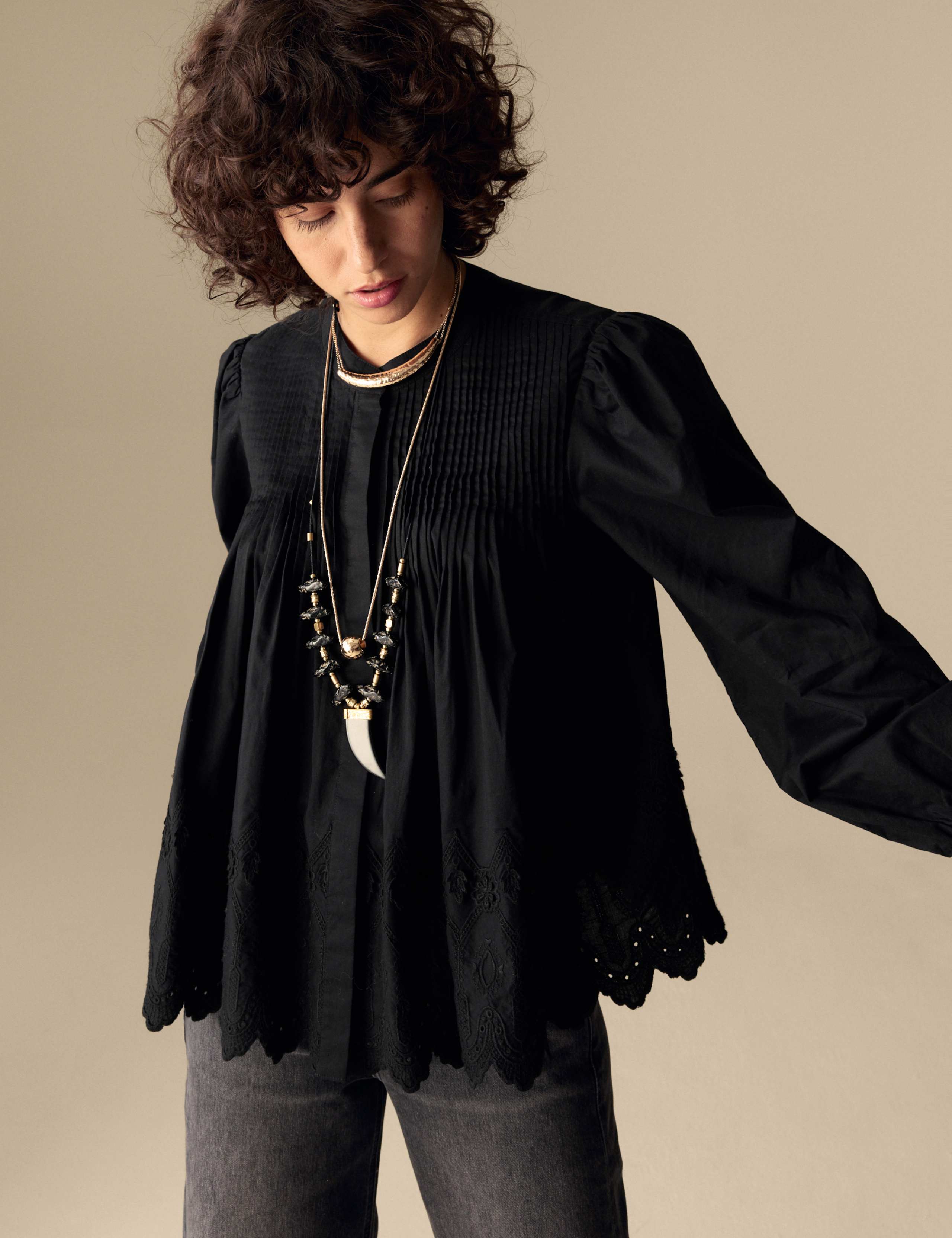 Pure Cotton Lace Detail Pintuck Blouse 3 of 5