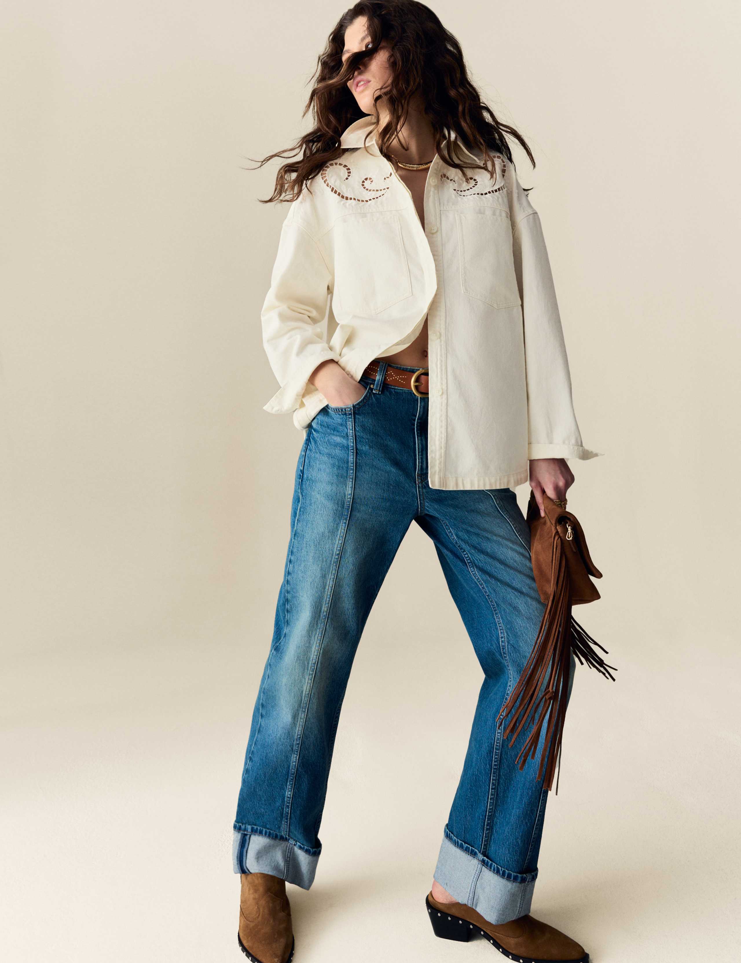 Pure Cotton Denim Collared Cutwork Shirt 3 of 7